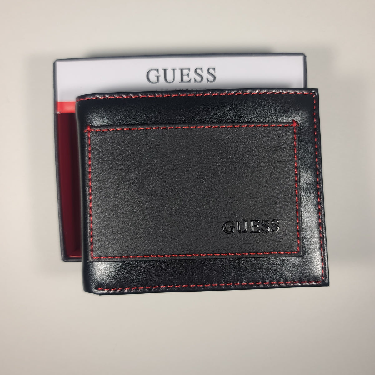 Guess Los Angeles Mens Bifold Wallet Faux Black Red Stitching 31go220 1498