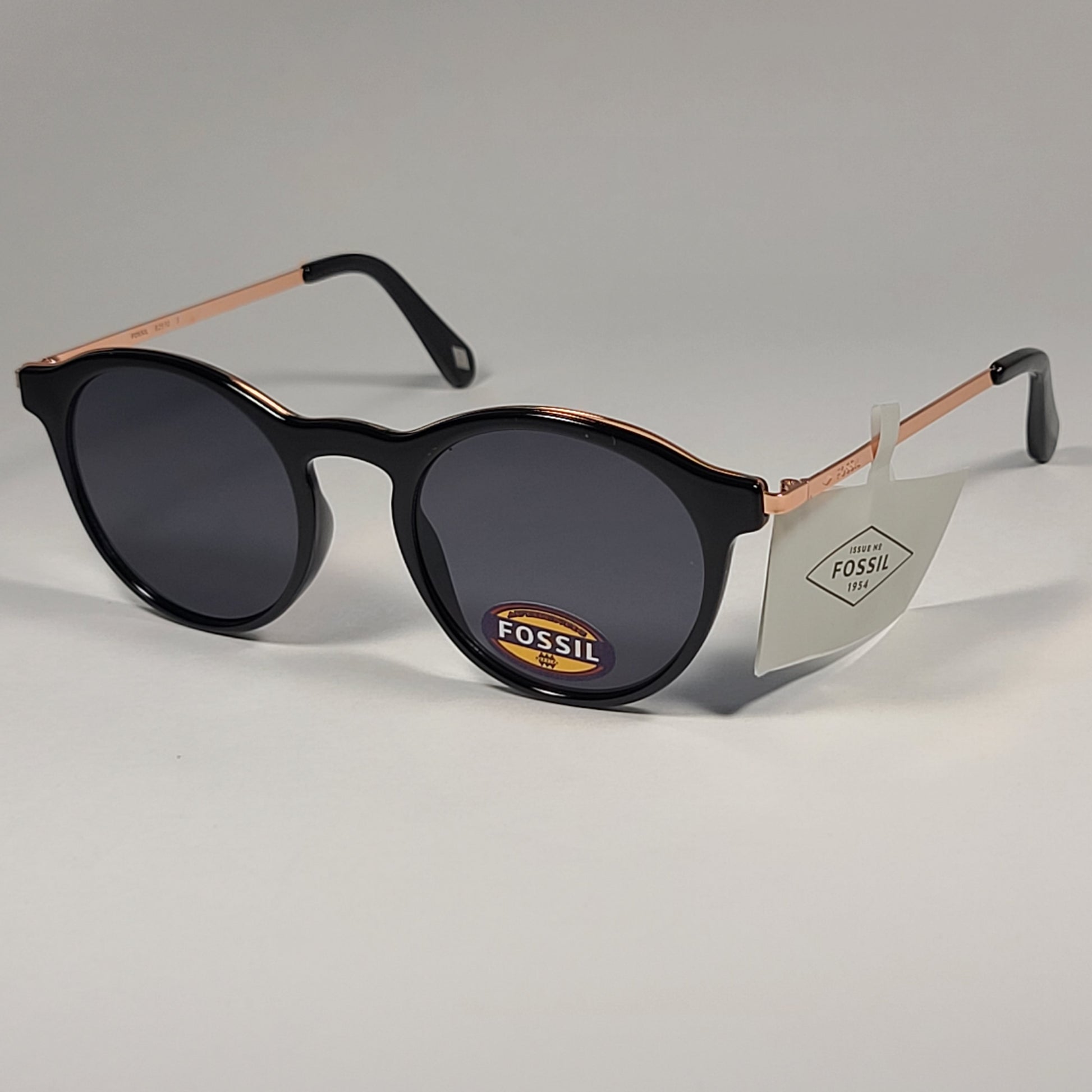 Fossil Round FW190 Women’s Sunglasses Shiny Black Gold Tone Frame Gray Lens - Sunglasses