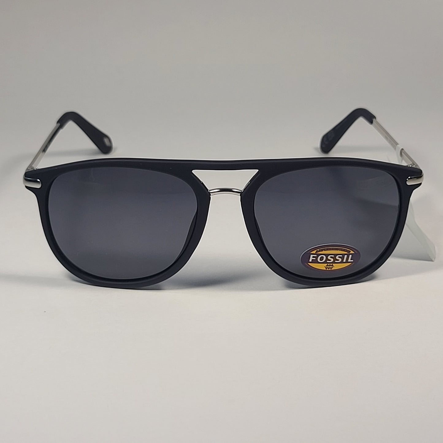 Fossil FM141 Pilot Style Sunglasses Matte Black Silver Frame Solid Gray Lens - Sunglasses