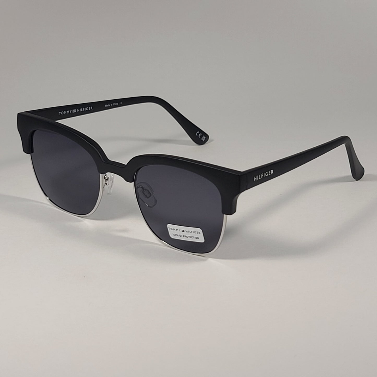 Tommy Hilfiger WP OU531 Square Club Sunglasses Matte Black Silver Frame Gray Lens - Sunglasses