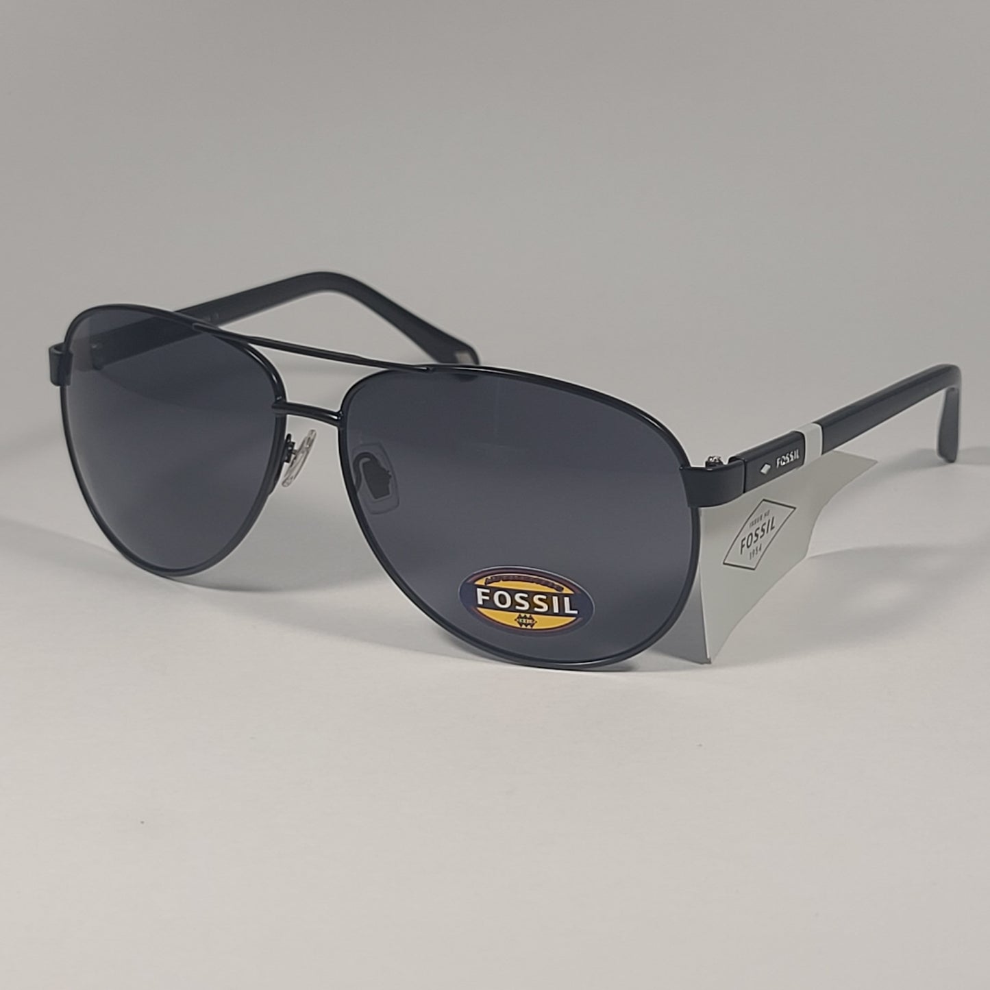 Fossil FM117 Aviator Pilot Style Sunglasses Shiny Black Frame Gray Tinted Lens - Sunglasses