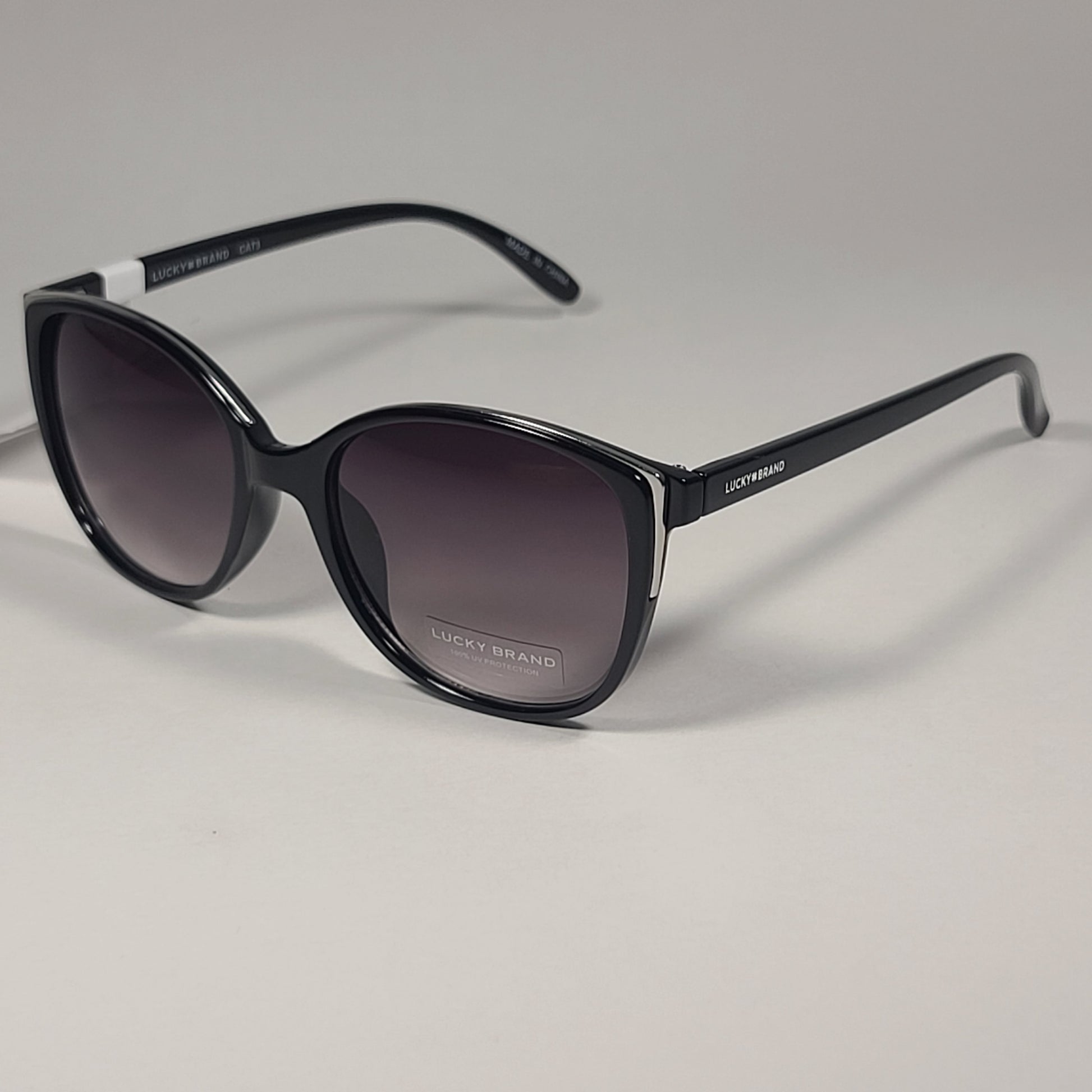 Lucky Brand SLBD101 Cat Eye Sunglasses Shiny Black Silver Frame Gray Gradient Lens - Sunglasses