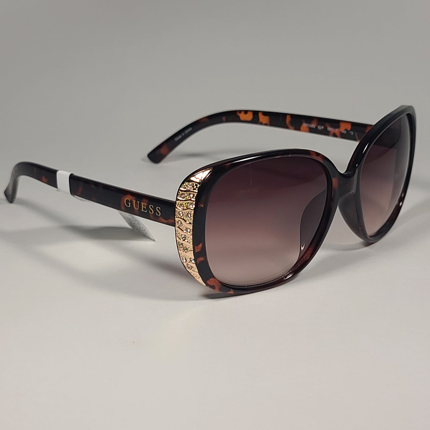 Guess GF0382 52F Oval Sunglasses Brown Tortoise Gold Rhinestone Gradient Lens - Sunglasses