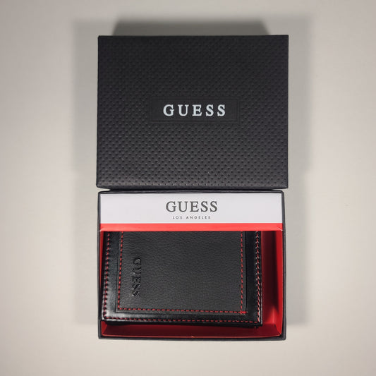 Guess Los Angeles Men’s Trifold Wallet Faux Black Red Stitching 31GO110041 - Wallets