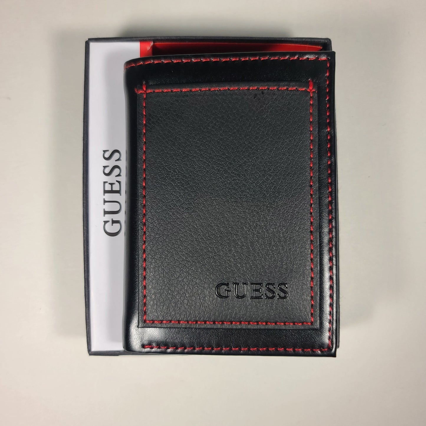 Guess Los Angeles Men’s Trifold Wallet Faux Black Red Stitching 31GO110041 - Wallets