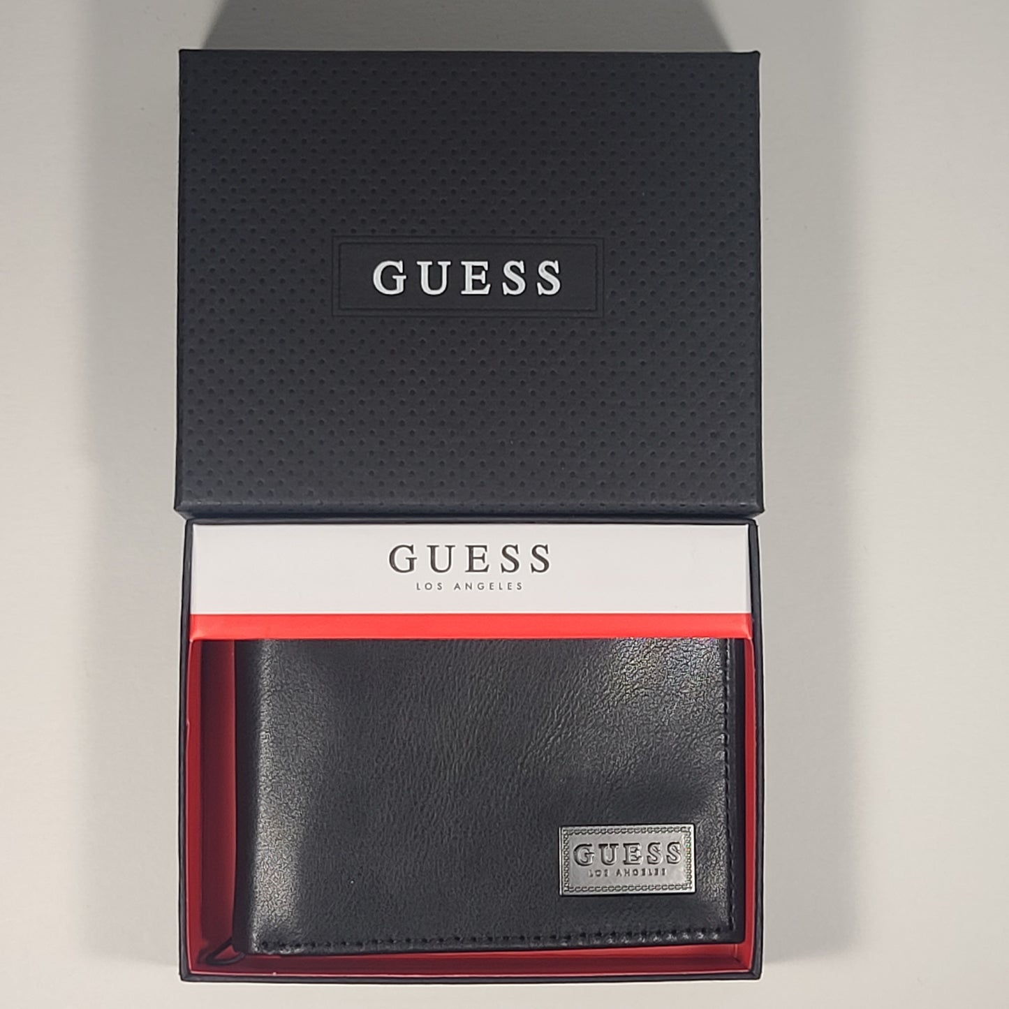 Guess Los Angeles Men’s Bifold Guess Stamp Logo Leather Wallet Black Passcase 31GO220110 - Wallets