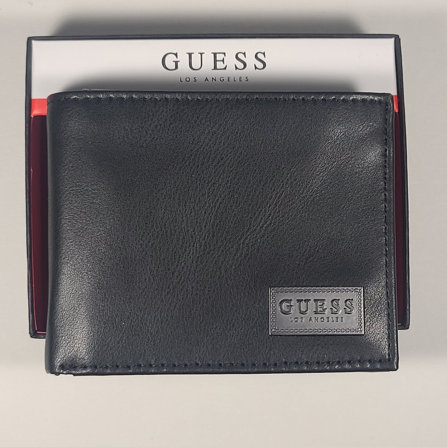 Guess Los Angeles Men’s Bifold Guess Stamp Logo Leather Wallet Black Passcase 31GO220110 - Wallets