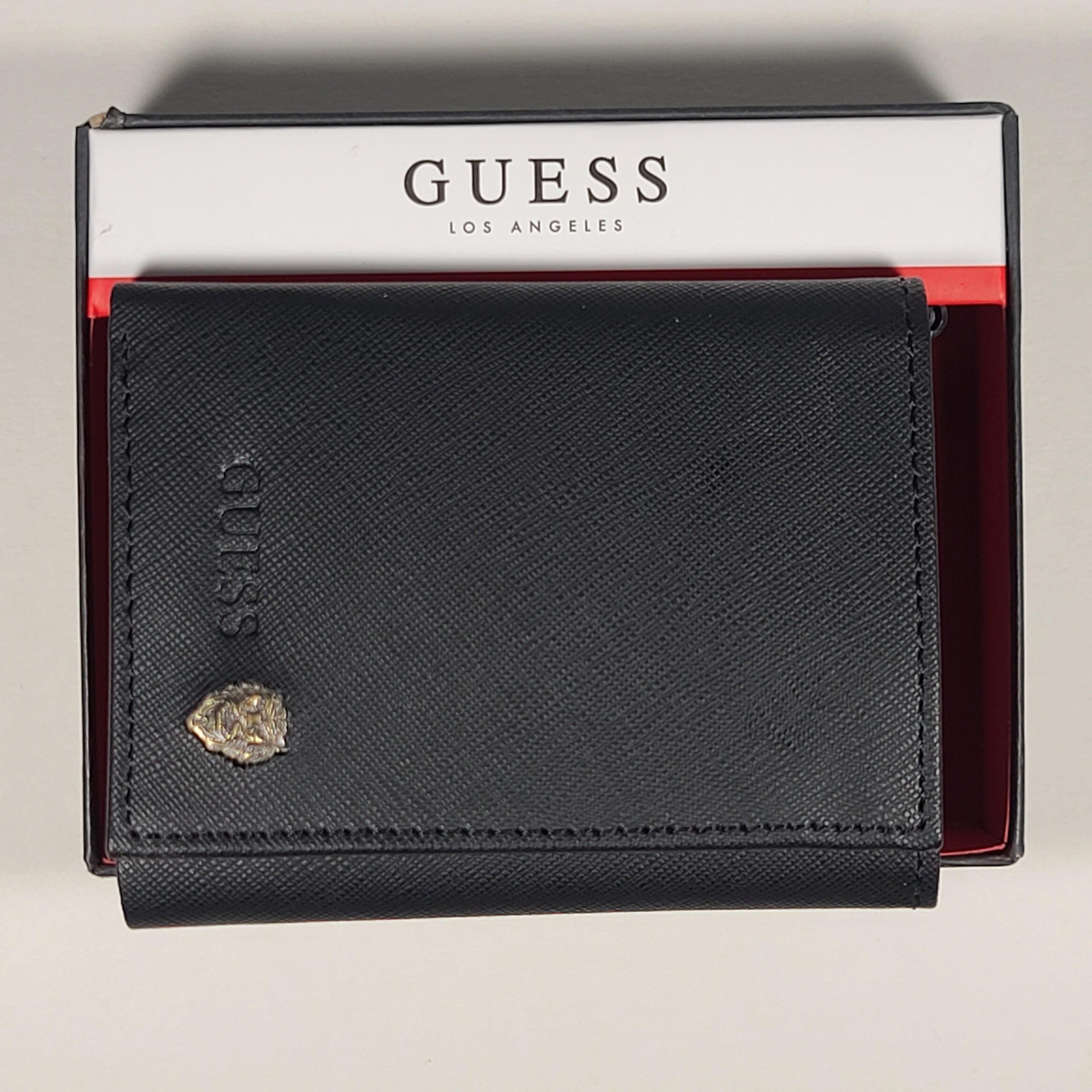 Guess Los Angeles Men s Trifold Lion Emblem Wallet Black Passcase 31GO TheSunglassFashion