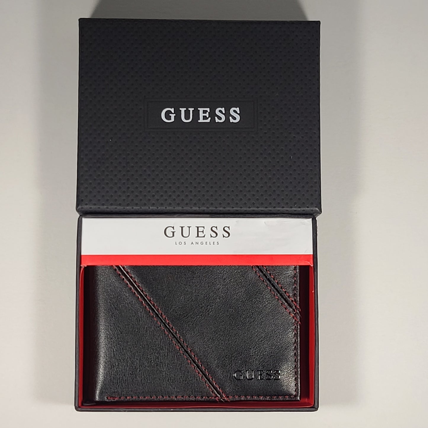 Guess Los Angeles Men’s Bifold Wallet Faux Black Red Stitching 31GO220103 - Wallets