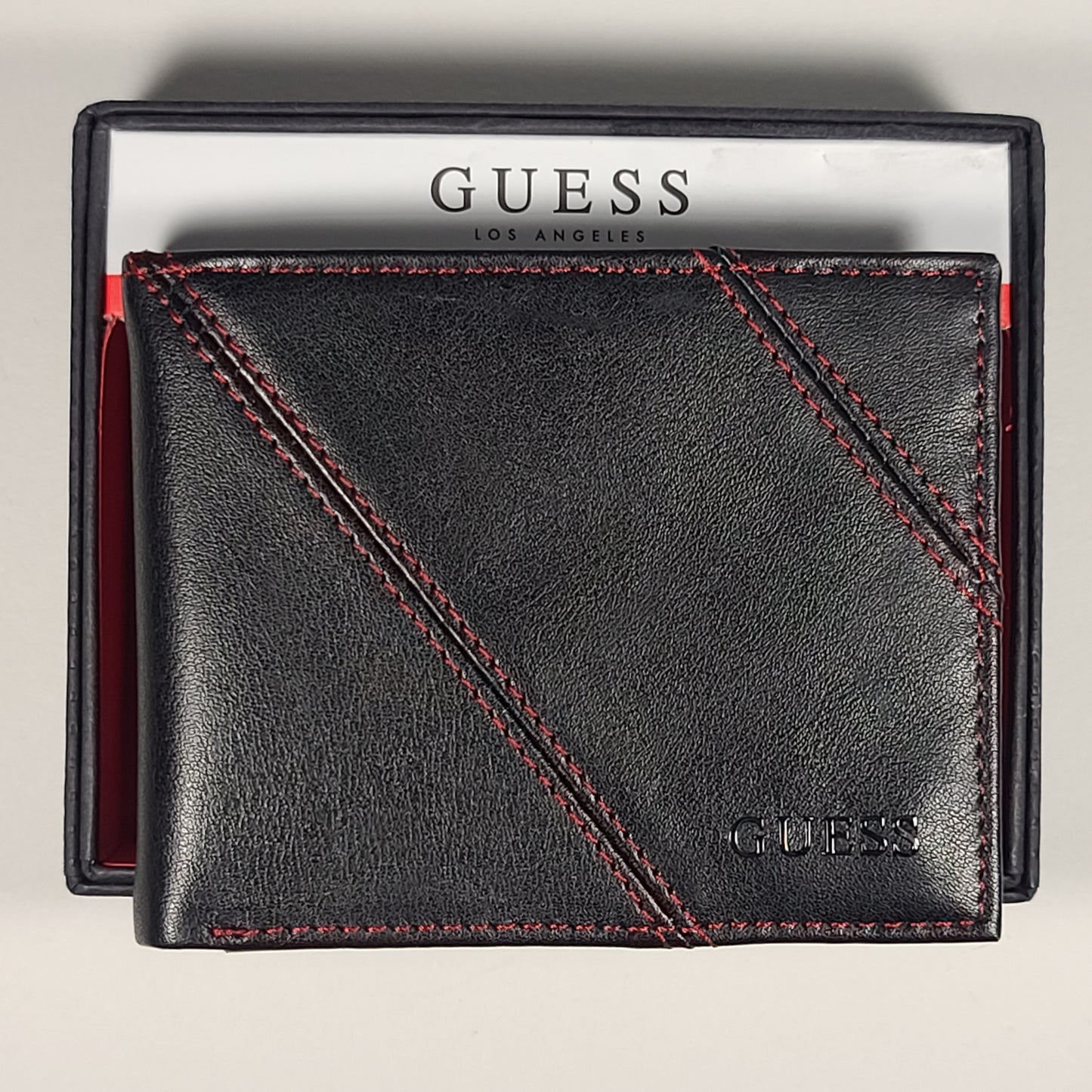 Guess Los Angeles Men’s Bifold Wallet Faux Black Red Stitching 31GO220103 - Wallets