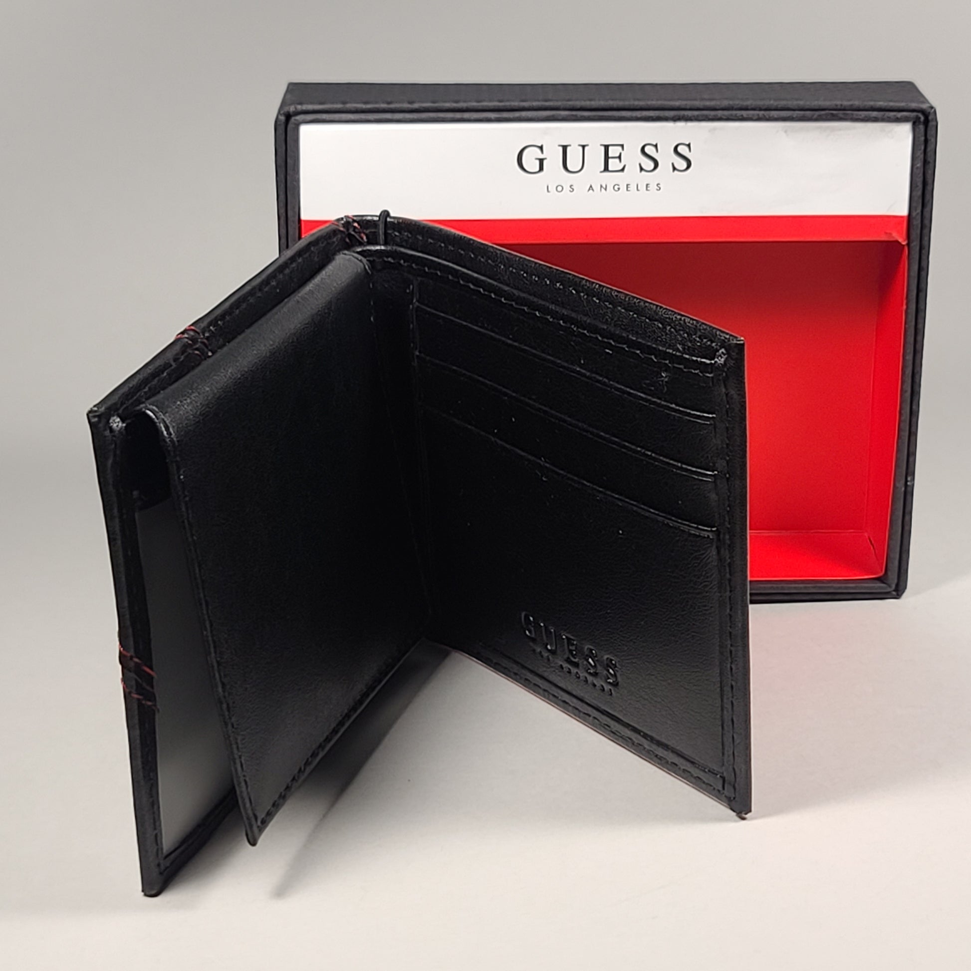 Guess Los Angeles Men’s Bifold Wallet Faux Black Red Stitching 31GO220103 - Wallets