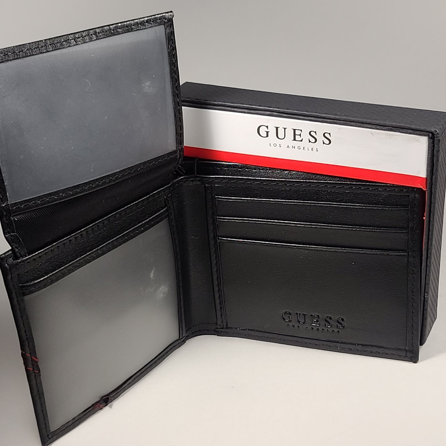 Guess Los Angeles Men’s Bifold Wallet Faux Black Red Stitching 31GO220103 - Wallets