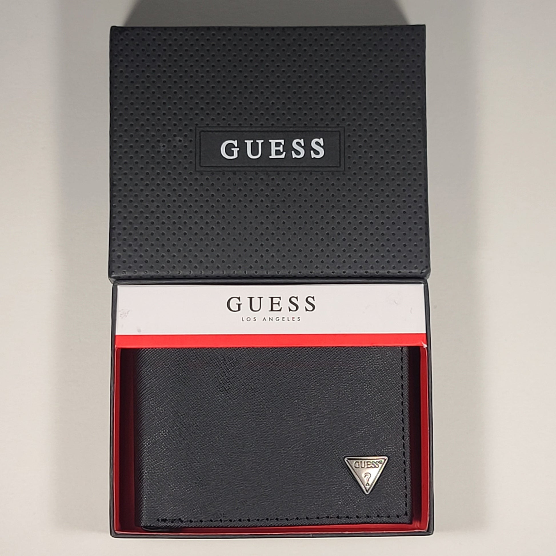 Guess Los Angeles Men’s Bifold Triangle Logo Leather Wallet Black Passcase 31GO220090 - Wallets