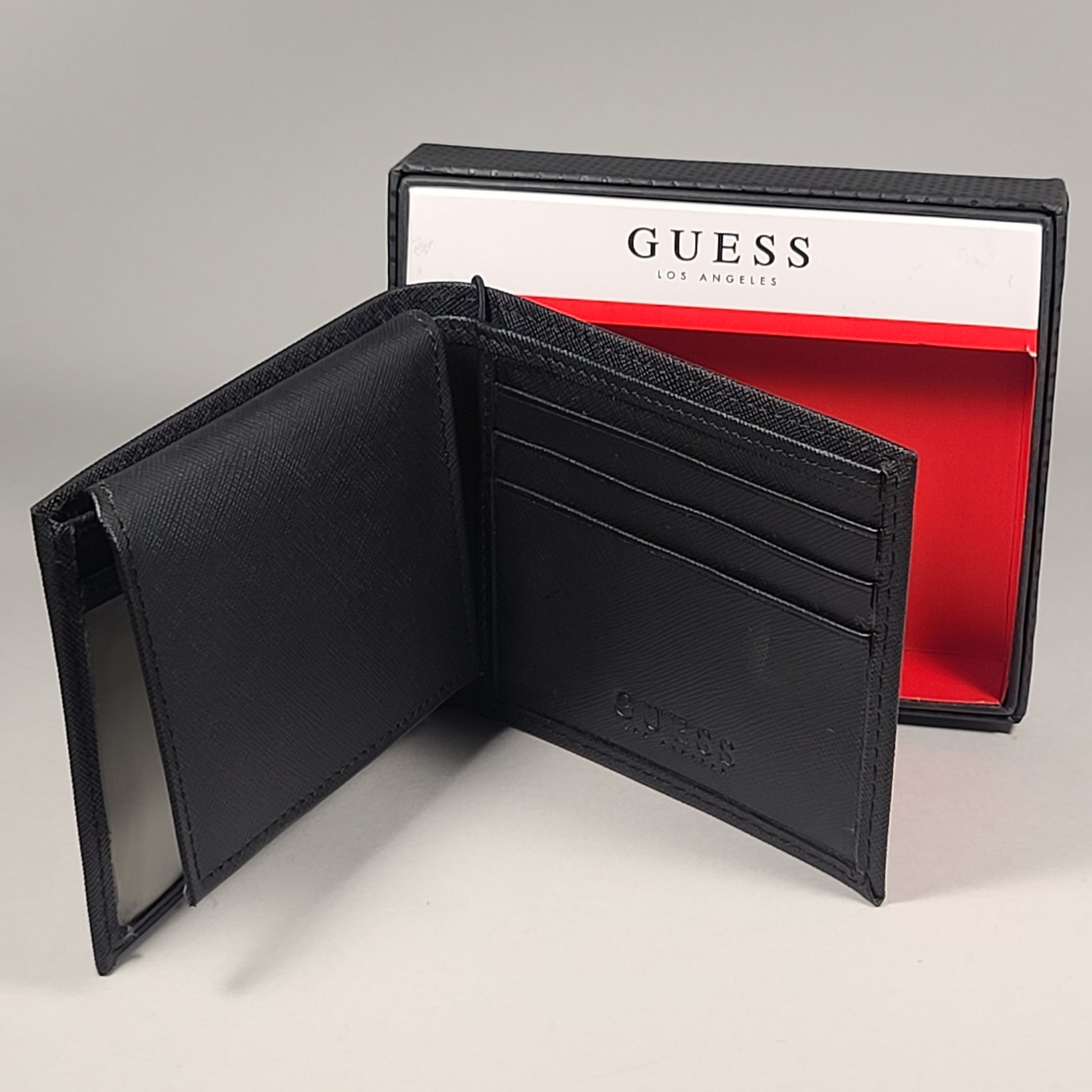 Guess Los Angeles Men’s Bifold Triangle Logo Leather Wallet Black Passcase 31GO220090 - Wallets