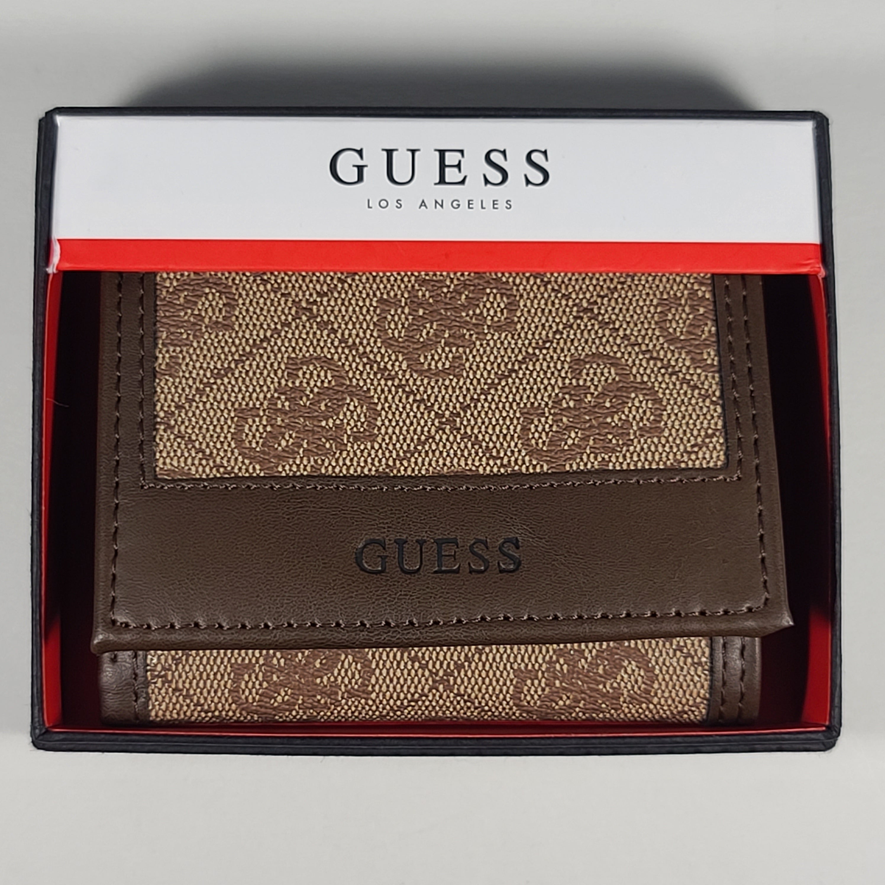 Guess Los Angeles Men s Trifold Brown Stitch Leather Wallet Passcase 3 TheSunglassFashion