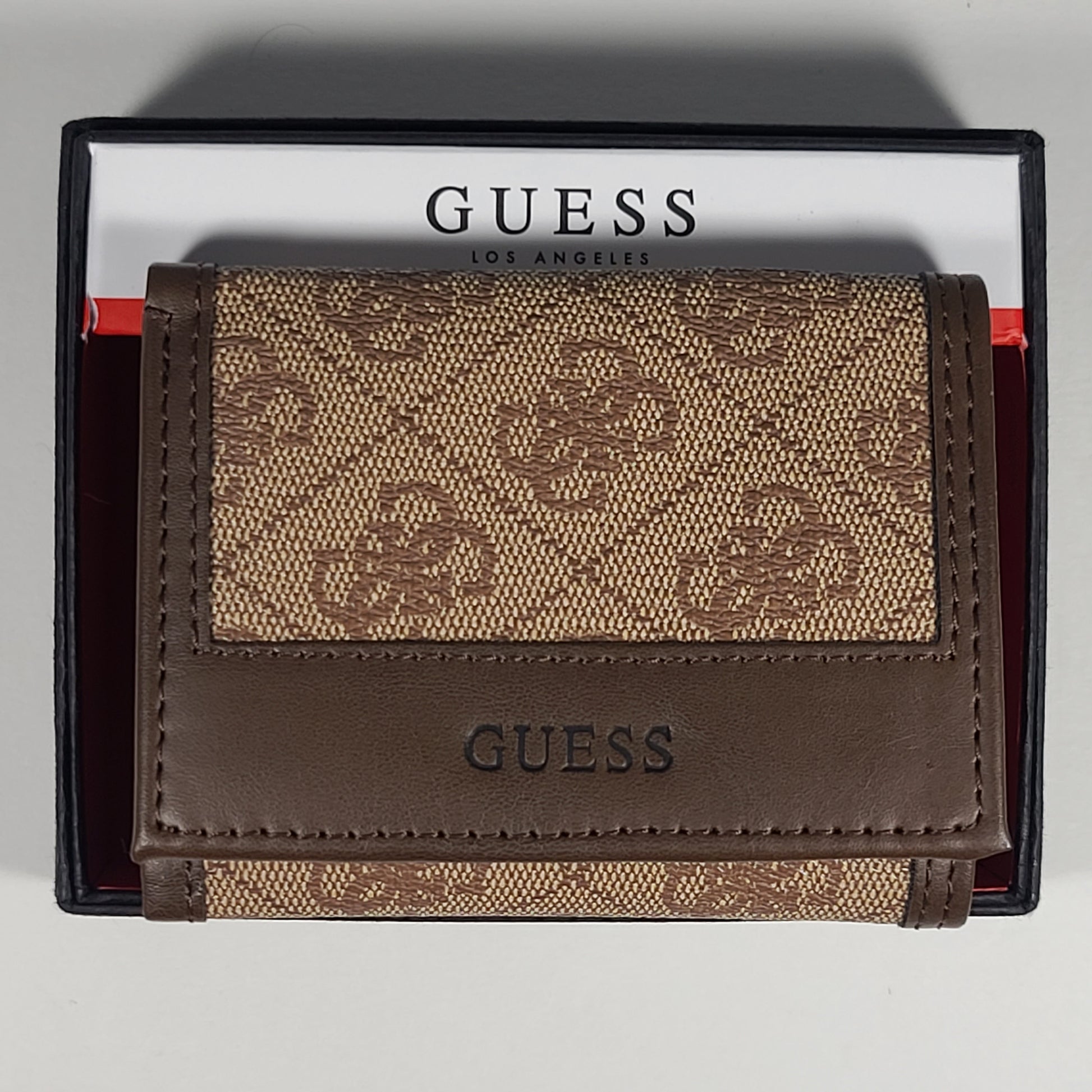 Guess Los Angeles Men’s Trifold Brown Stitch Leather Wallet Passcase 31GO110049 - Wallets