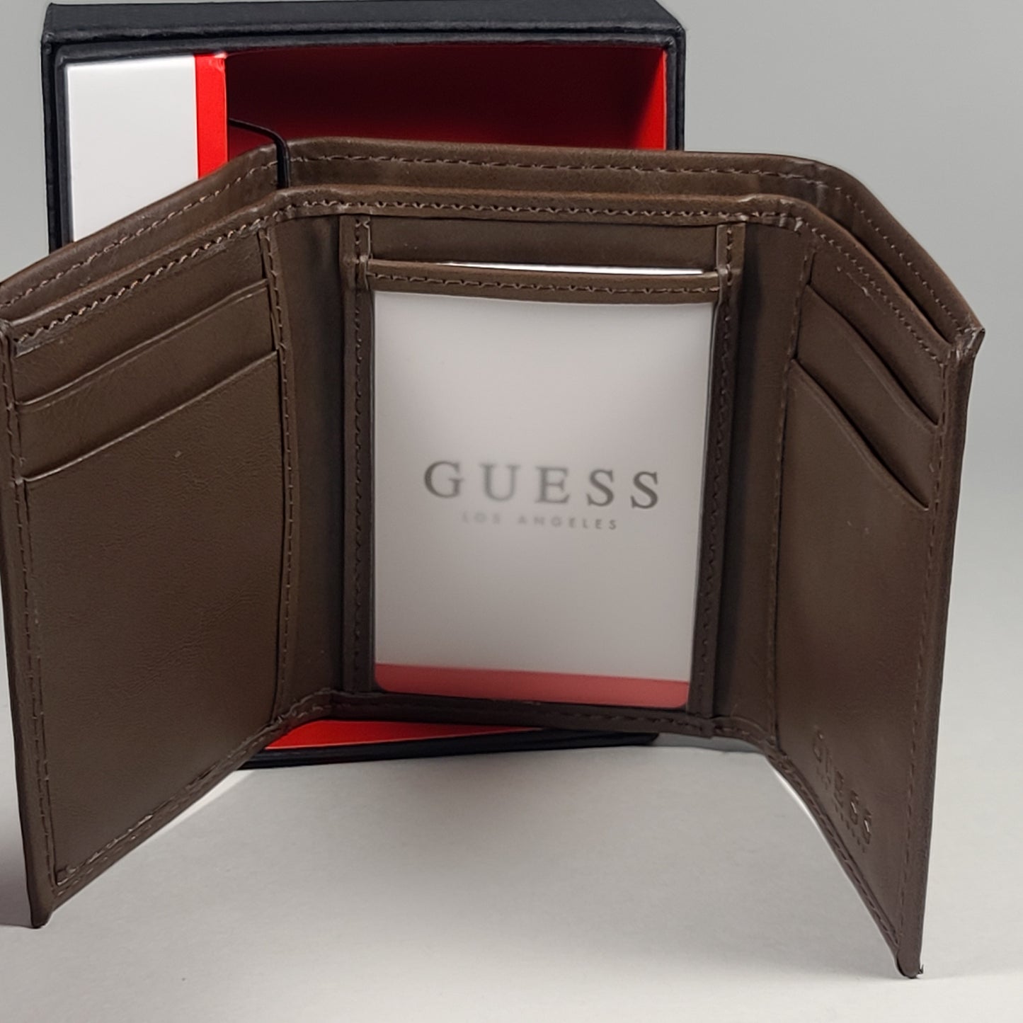 Guess Los Angeles Men’s Trifold Brown Stitch Leather Wallet Passcase 31GO110049 - Wallets