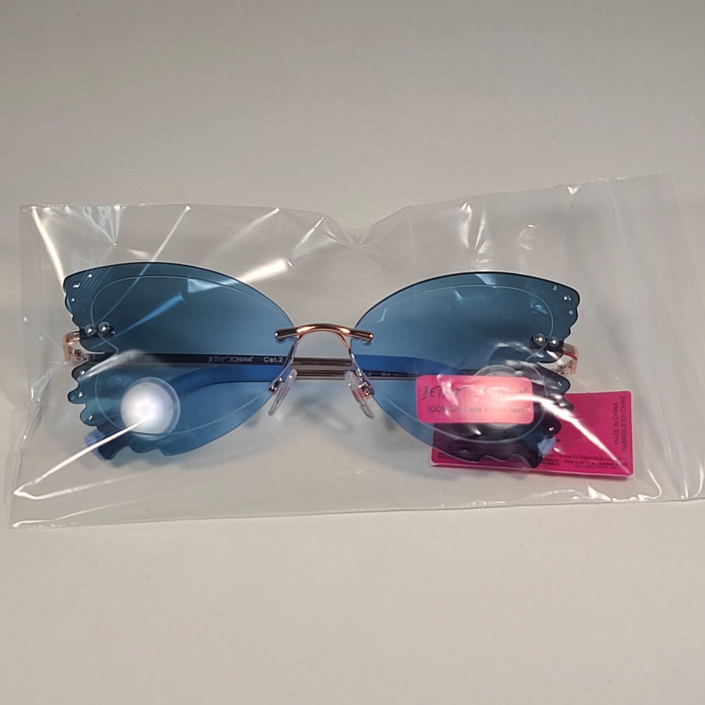 Betsey Johnson Rimless Butterfly Sunglasses Gold Frame Blue Lens BJ 23 204 EMB BLU