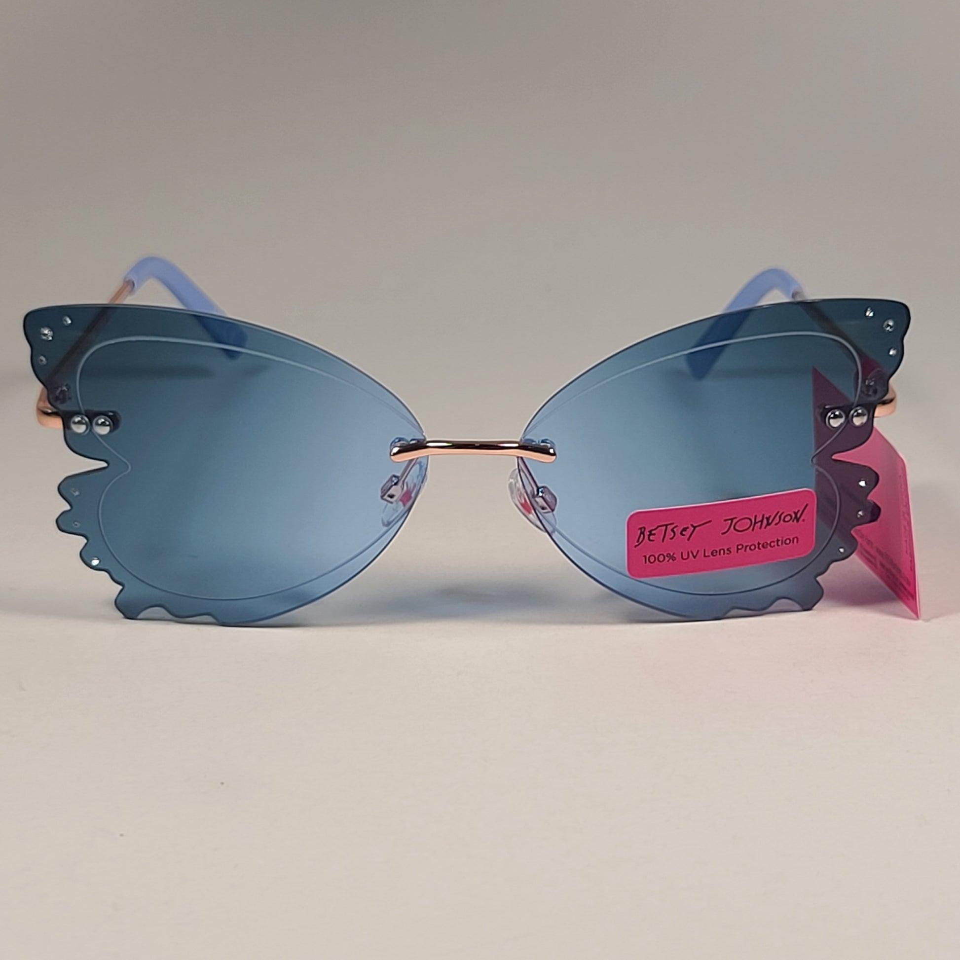 Betsey Johnson Rimless Butterfly Sunglasses Gold Frame Blue Lens BJ 23 204 EMB BLU