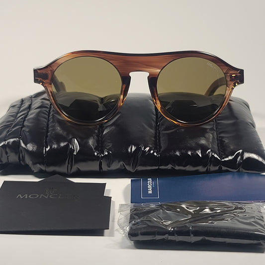 Moncler Round Pilot Sunglasses Dark Brown Frame Olive Lens ML0039 47J 48mm - Sunglasses
