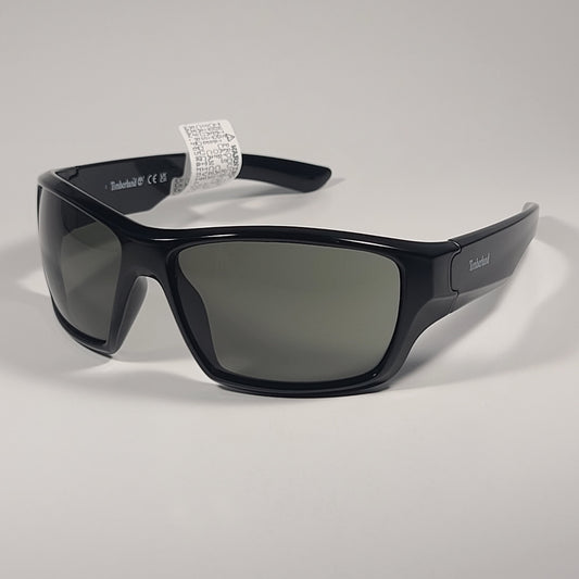 Timberland Sport Wrap Sunglasses Shiny Black With Green Lens TB7266 01N 64mm - Sunglasses