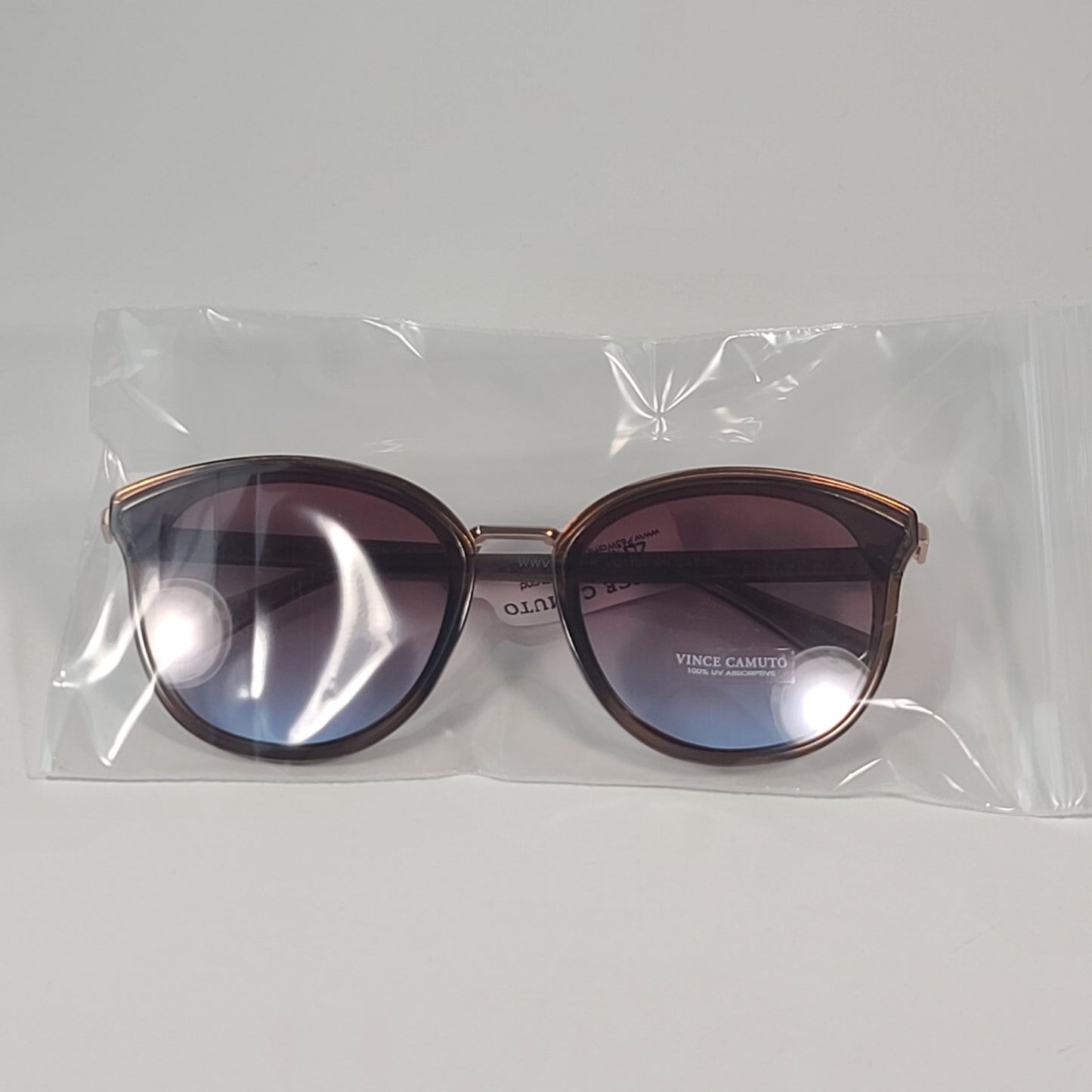 Vince Camuto VC1184 BN Round Cat Eye Sunglasses Brown Crystal Frame Brown Blue Lens - Sunglasses