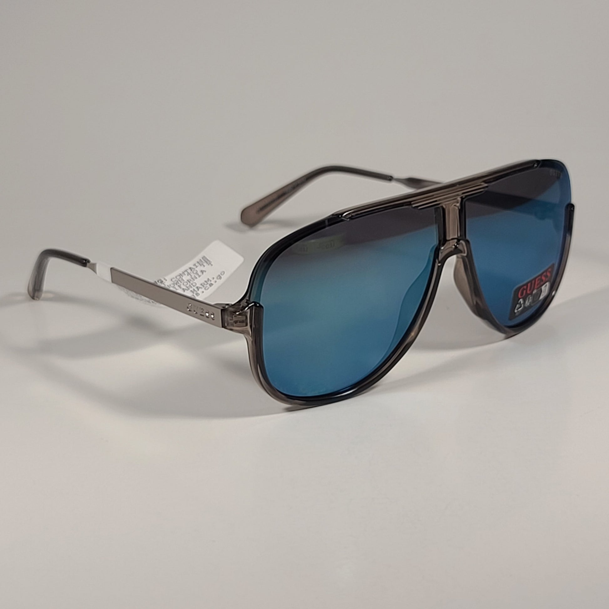 Guess GO00060 20C Aviator Pilot Sunglasses Silver Frame Blue Mirror Lens 64mm - Sunglasses