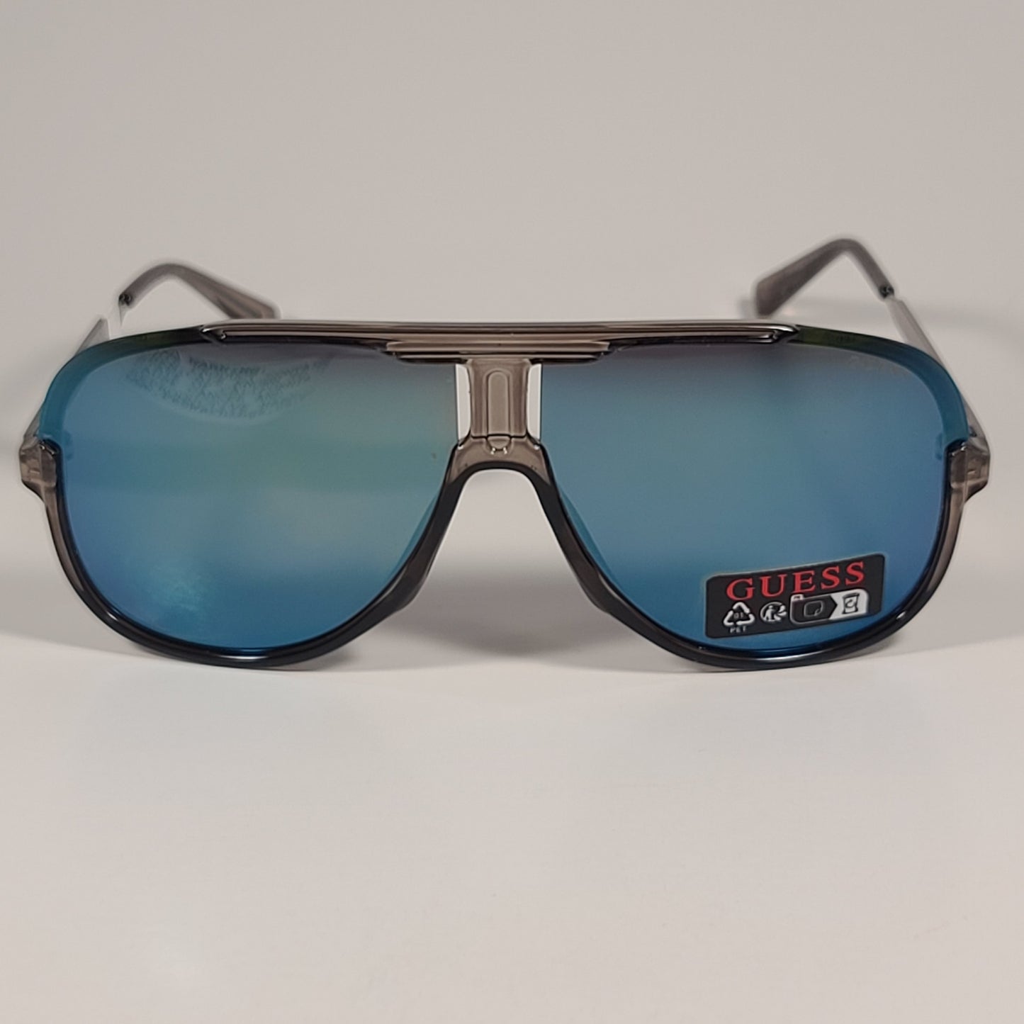 Guess GO00060 20C Aviator Pilot Sunglasses Silver Frame Blue Mirror Lens 64mm - Sunglasses