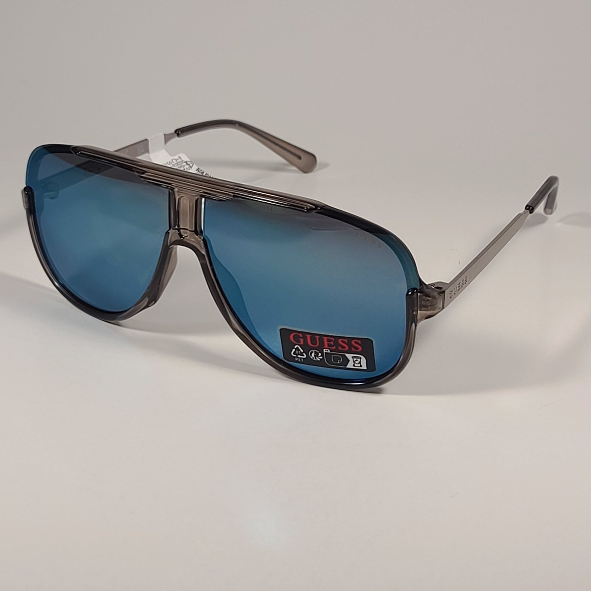 Guess GO00060 20C Aviator Pilot Sunglasses Silver Frame Blue Mirror Lens 64mm - Sunglasses