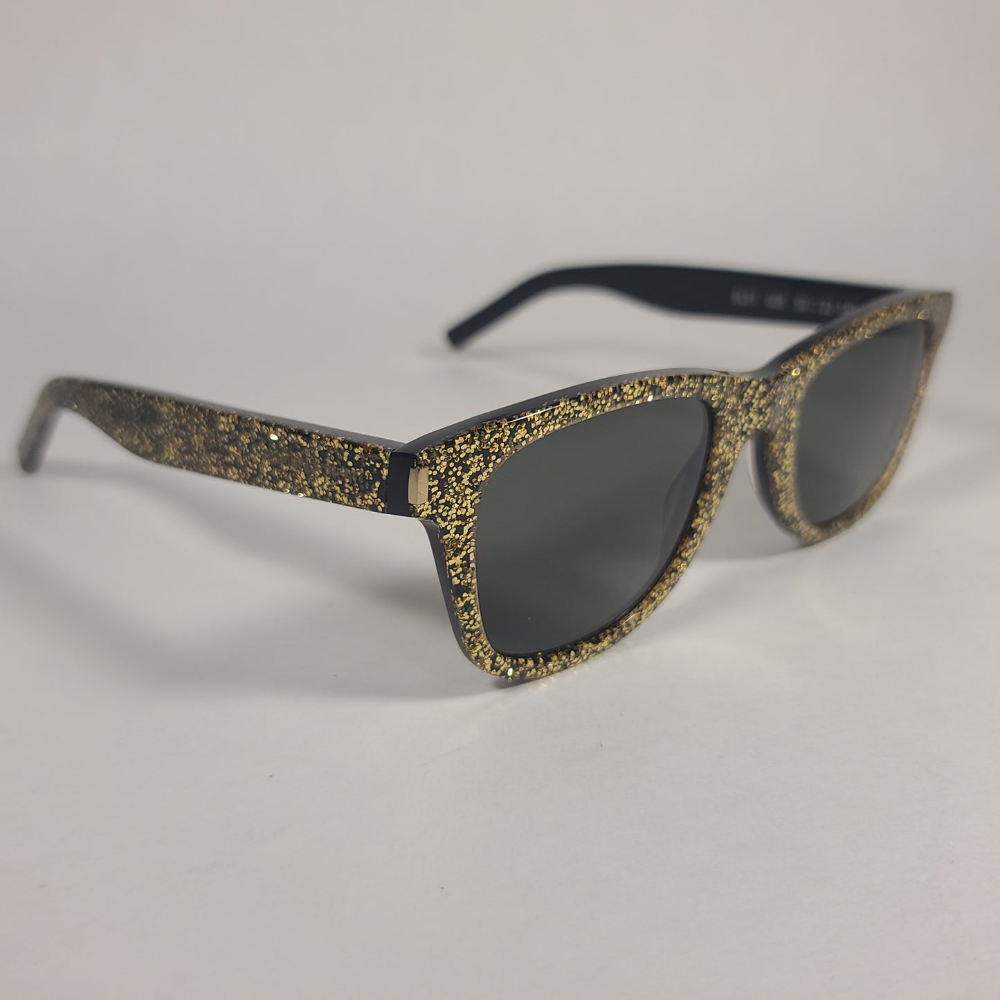 Saint Laurent Square Sunglasses Black Gold Glitter Frame Gray Lens SL51 008 - Sunglasses