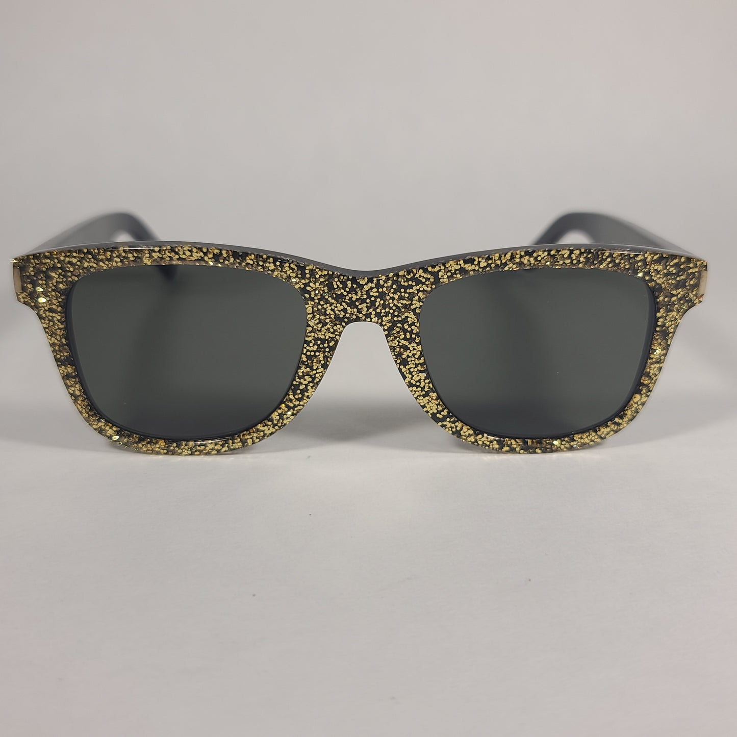 Saint Laurent Square Sunglasses Black Gold Glitter Frame Gray Lens SL51 008 - Sunglasses