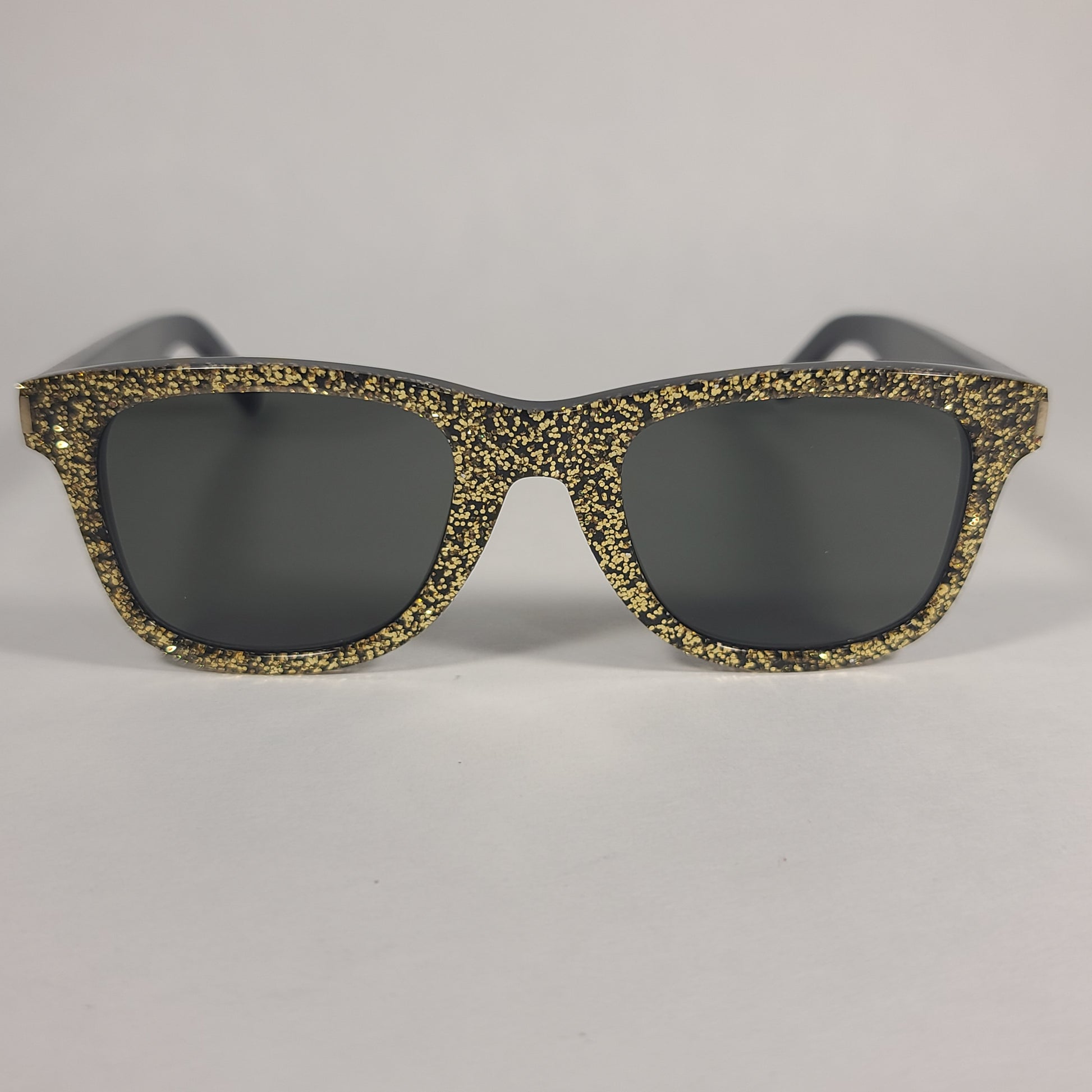 Saint Laurent Square Sunglasses Black Gold Glitter Frame Gray Lens SL51 008 - Sunglasses