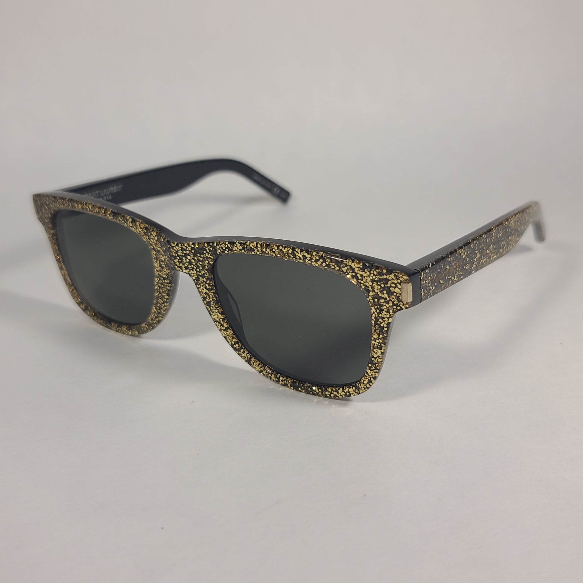 Saint Laurent Square Sunglasses Black Gold Glitter Frame Gray Lens SL51 008 - Sunglasses