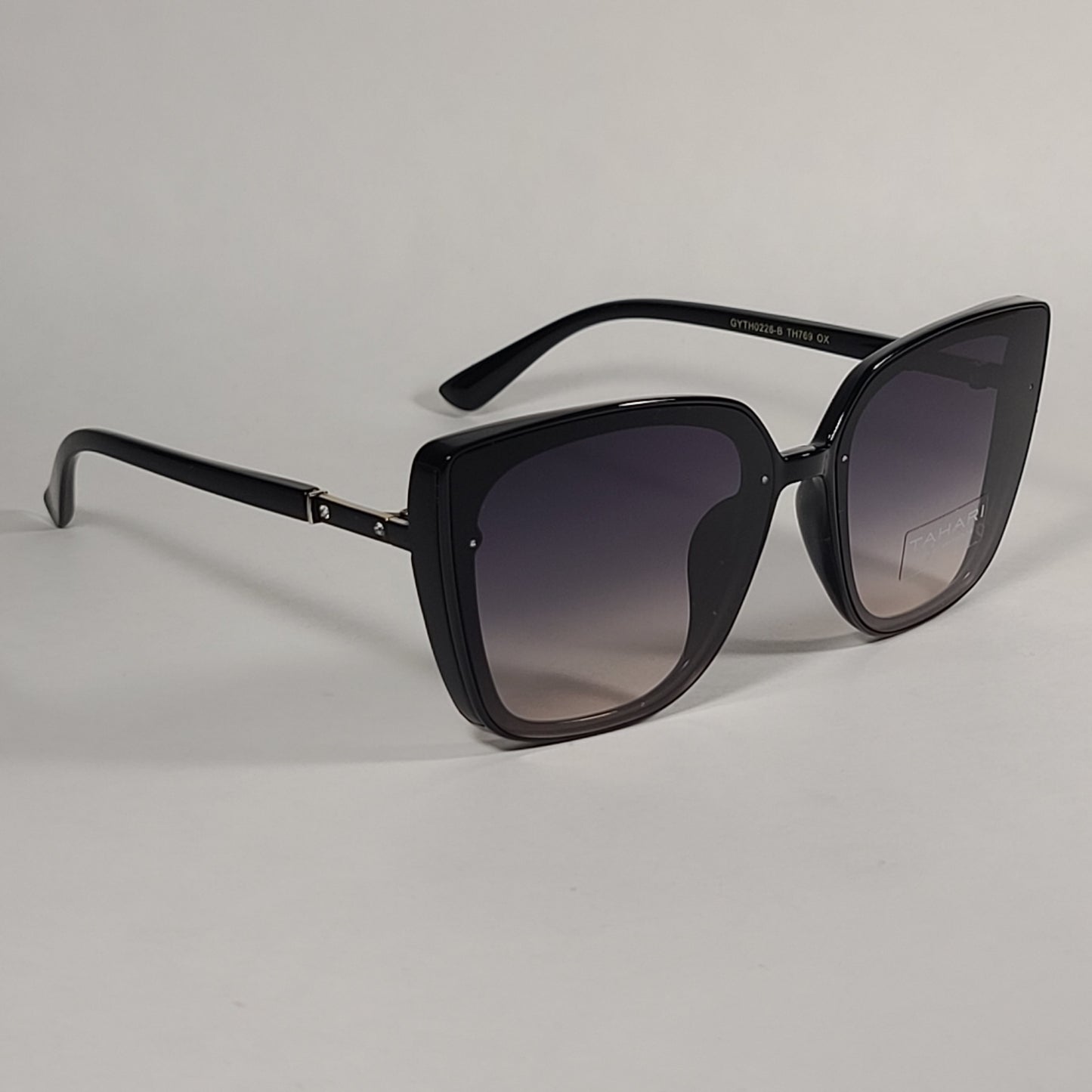 Tahari Cat Eye Square Sunglasses Shiny Black Frame Gray Smoke Gradient Lens TH769 OX - Sunglasses