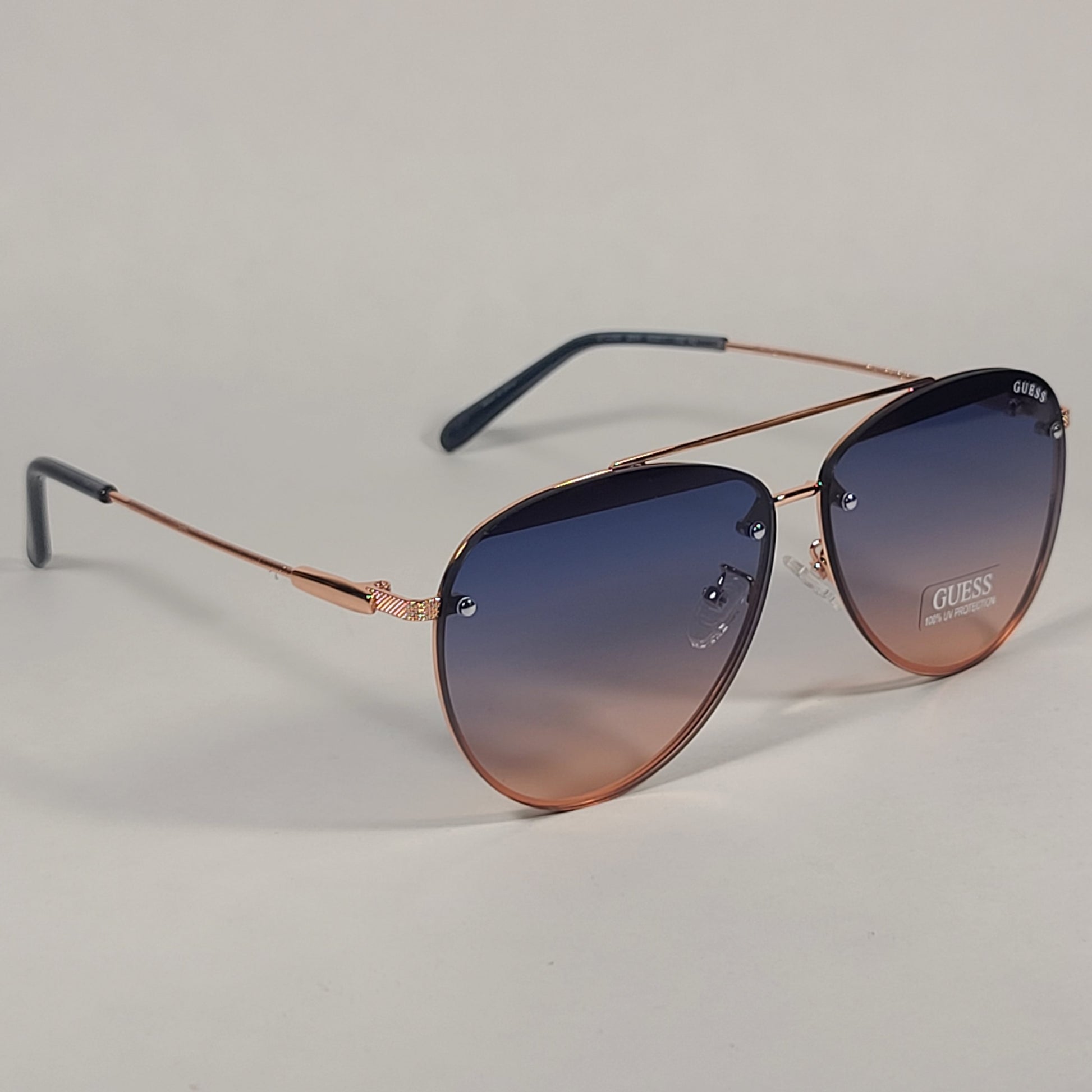 Guess Rimless Aviator Sunglasses Rose Gold Metal Frame Blue Gradient Lens GF0386 28W - Sunglasses