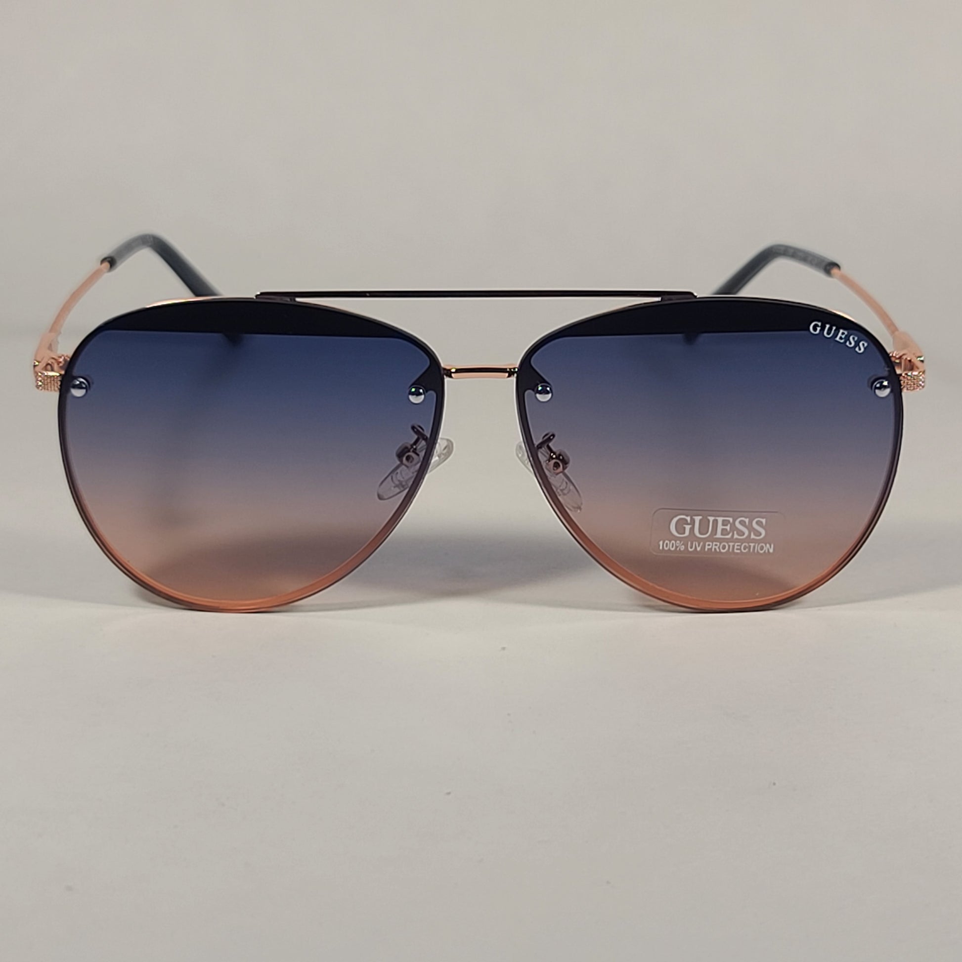 Guess Rimless Aviator Sunglasses Rose Gold Metal Frame Blue Gradient Lens GF0386 28W - Sunglasses