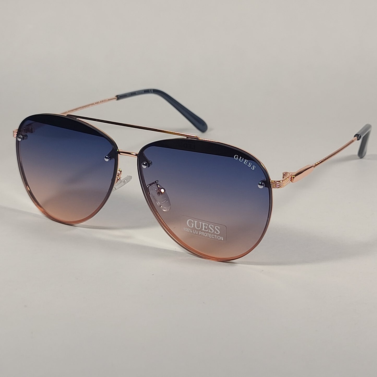 Guess Rimless Aviator Sunglasses Rose Gold Metal Frame Blue Gradient Lens GF0386 28W - Sunglasses