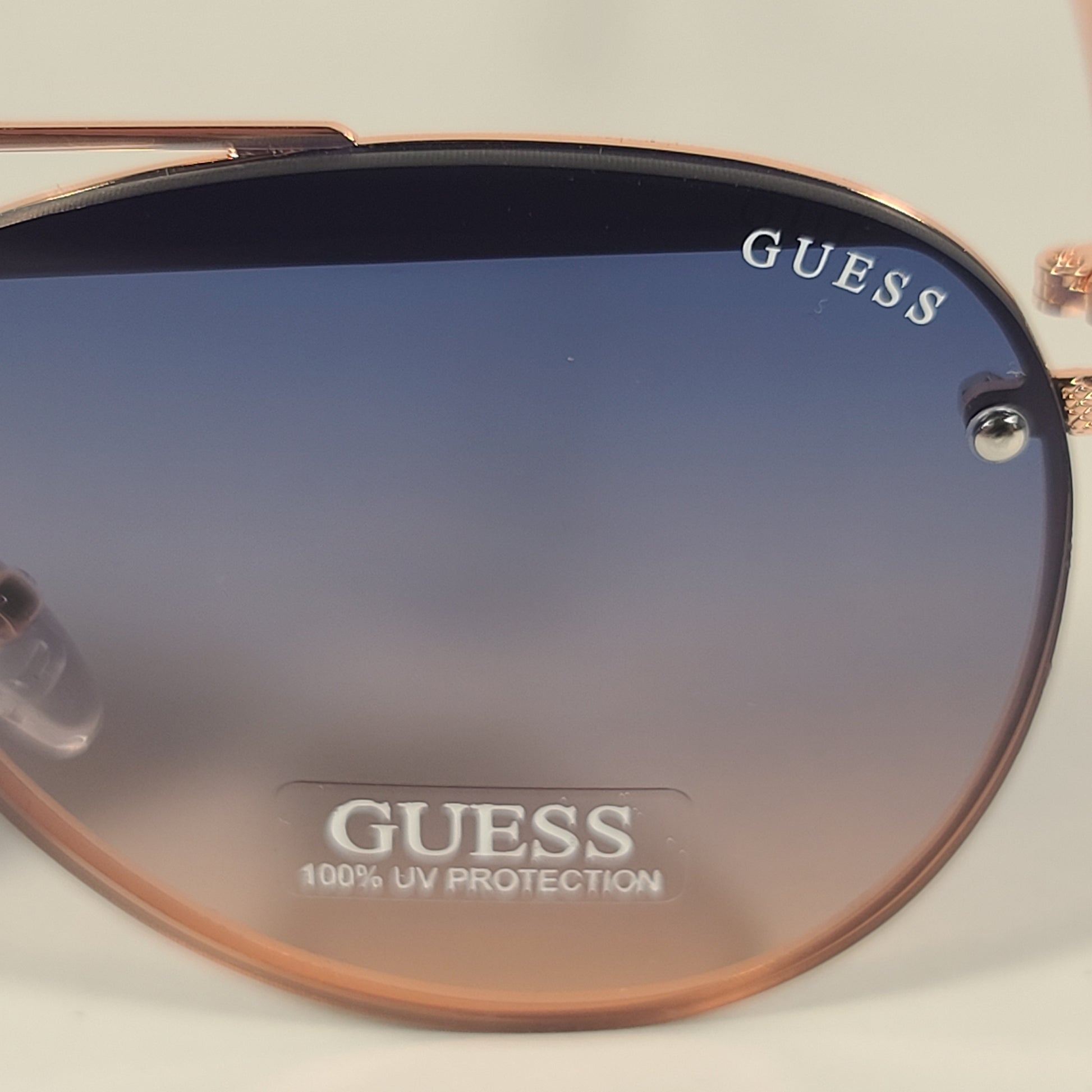 Guess Rimless Aviator Sunglasses Rose Gold Metal Frame Blue Gradient Lens GF0386 28W - Sunglasses