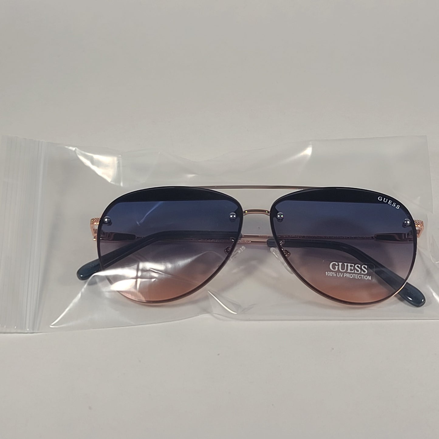 Guess Rimless Aviator Sunglasses Rose Gold Metal Frame Blue Gradient Lens GF0386 28W - Sunglasses