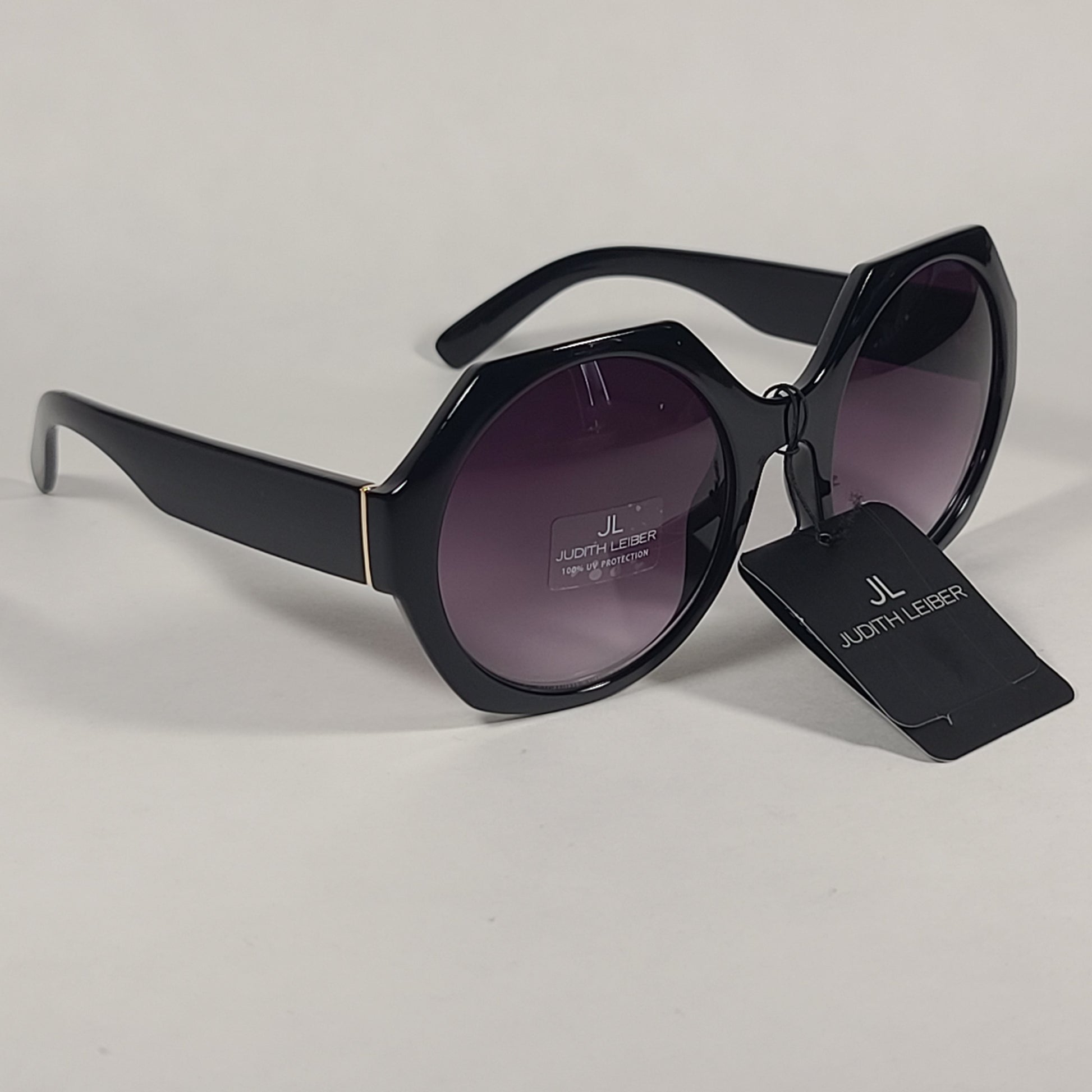 JL By Judith Leiber Fushia Polygon Sunglasses Shiny Black Smoke Gradient Lens - Sunglasses