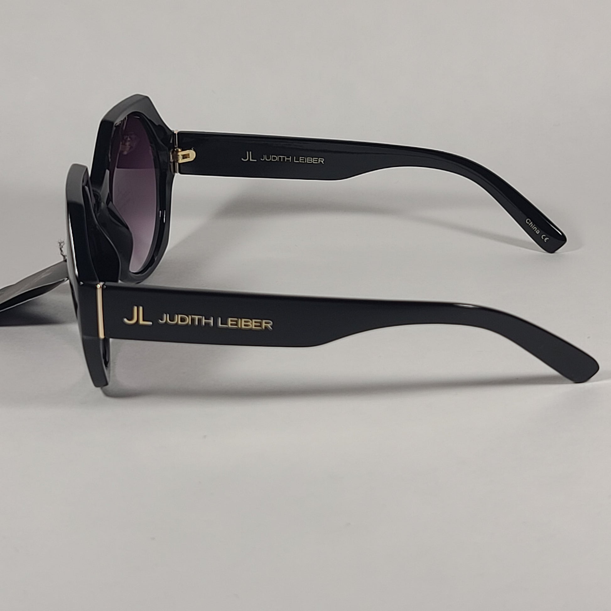 JL By Judith Leiber Fushia Polygon Sunglasses Shiny Black Smoke Gradient Lens - Sunglasses