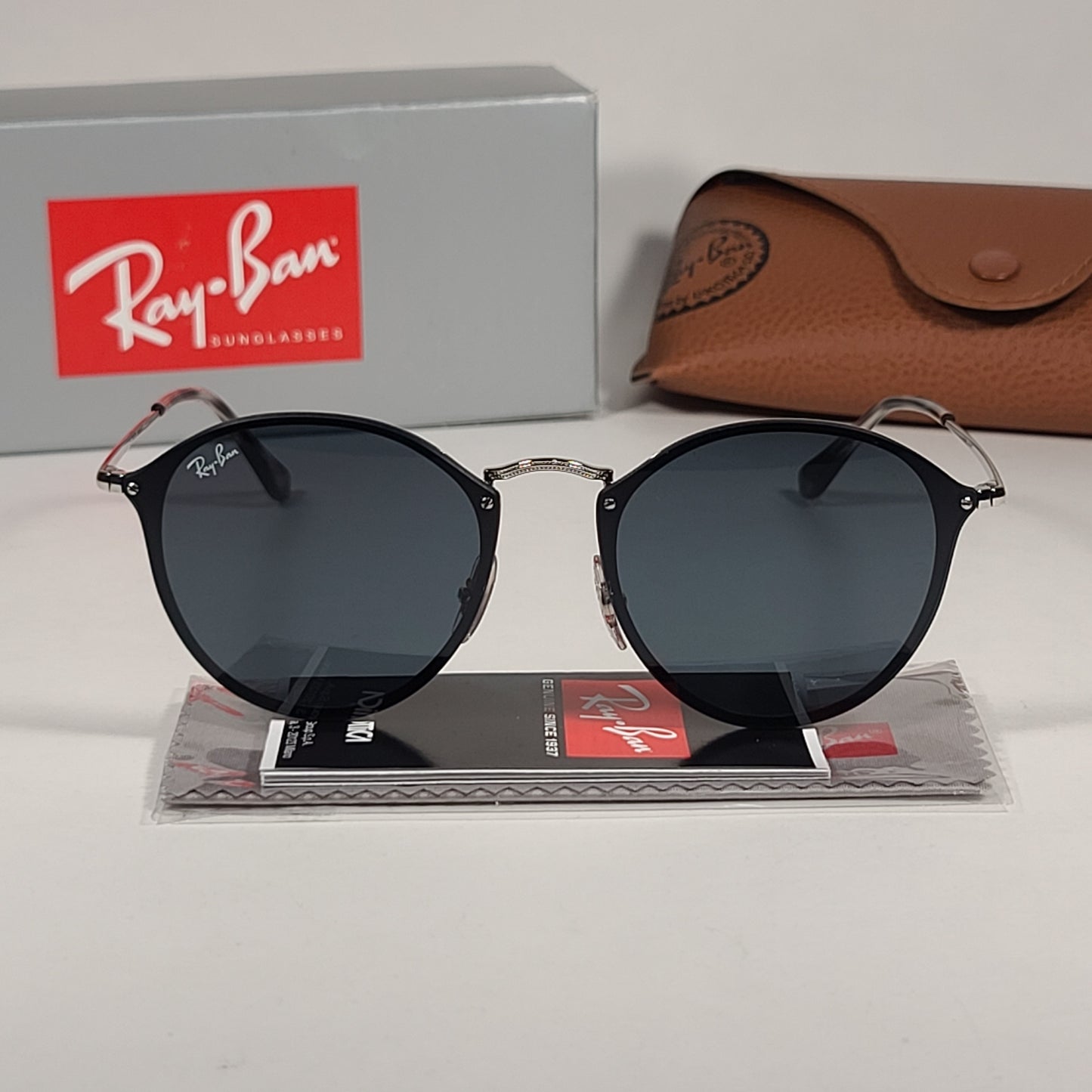 Ray-Ban Blaze Round Sunglasses Black Silver Metal Frame Gray Lens RB3574N 003/87 - Sunglasses