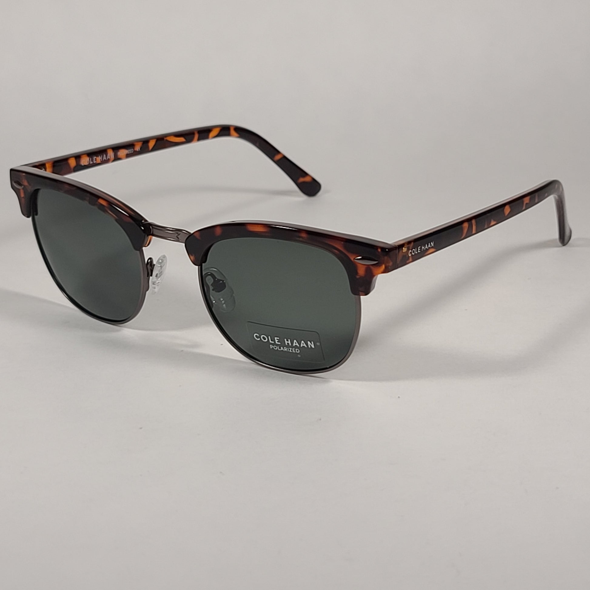 Cole Haan CH8505 215 Polarized Square Club Sunglasses Brown Tortoise Gunmetal Trim Gray Green Lens - Sunglasses