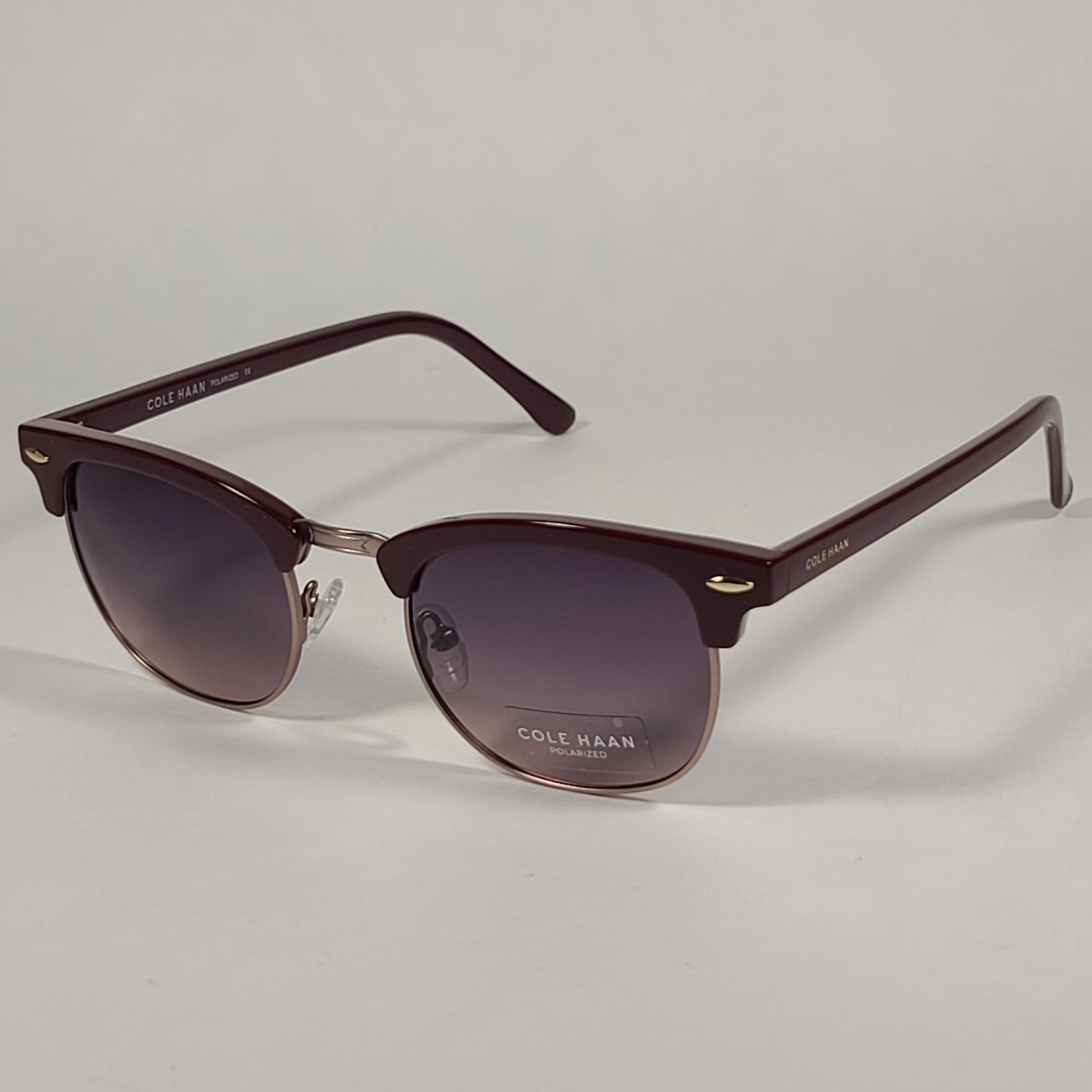 Cole Haan CH8505 604 Polarized Square Club Sunglasses Burgundy Gold Trim Frame Tinted Lens - Sunglasses