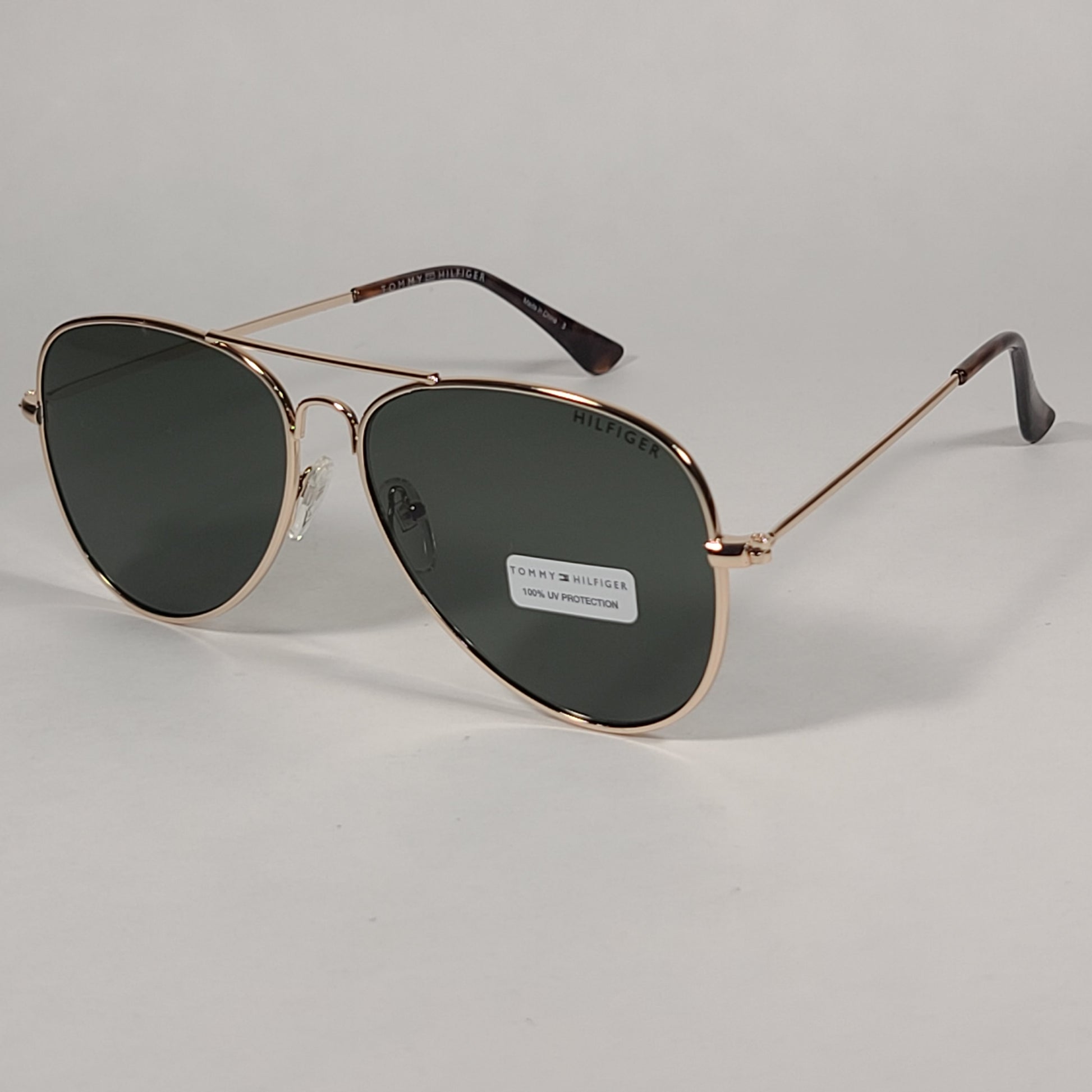 Tommy Hilfiger Simon Aviator Sunglasses Gold And Brown Metal Frame Green Lens - Sunglasses