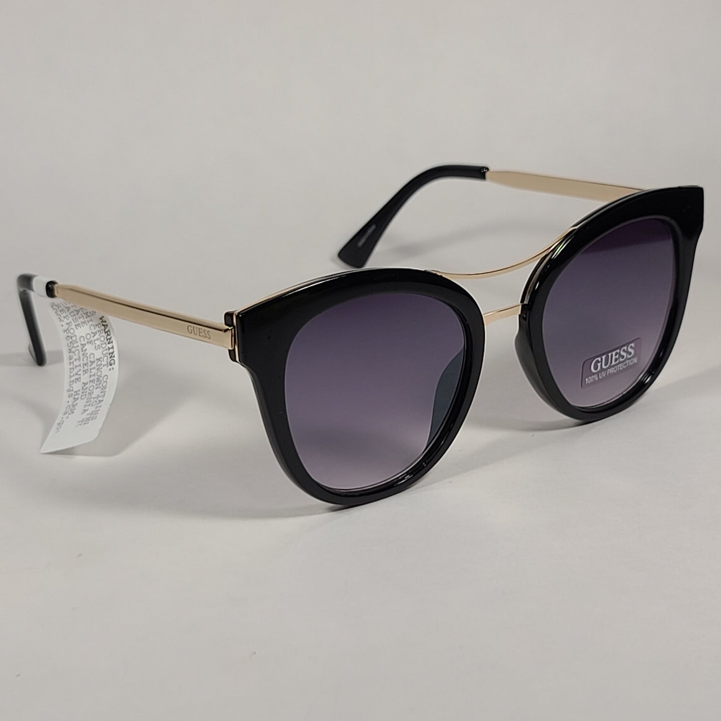 Guess Round Cat Eye Sunglasses GF0304 01C Shiny Black And Gold Frame Gray Smoke Lens - Sunglasses