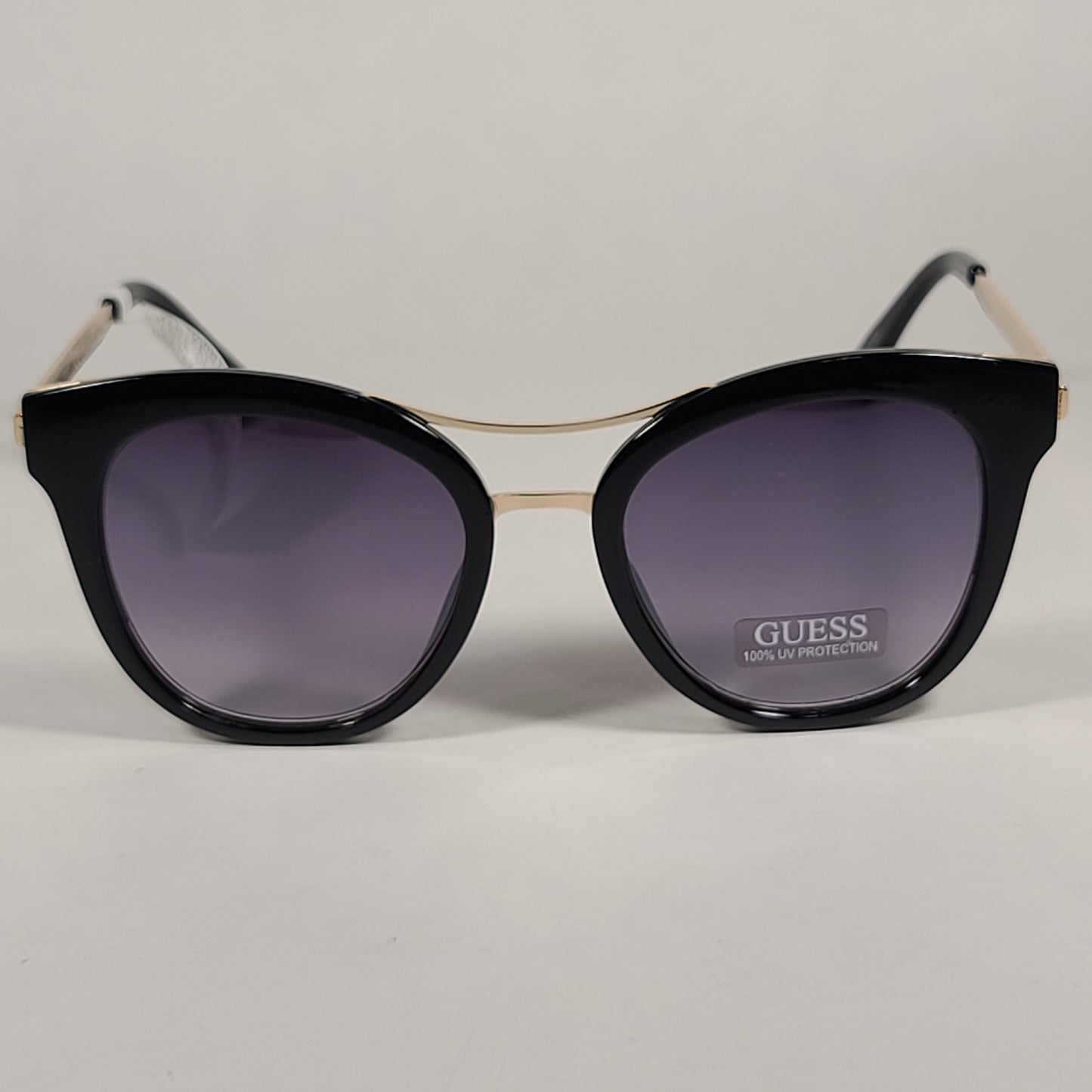 Guess Round Cat Eye Sunglasses GF0304 01C Shiny Black And Gold Frame Gray Smoke Lens - Sunglasses