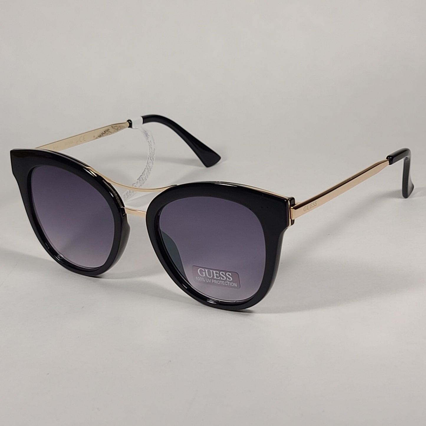 Guess Round Cat Eye Sunglasses GF0304 01C Shiny Black And Gold Frame Gray Smoke Lens - Sunglasses