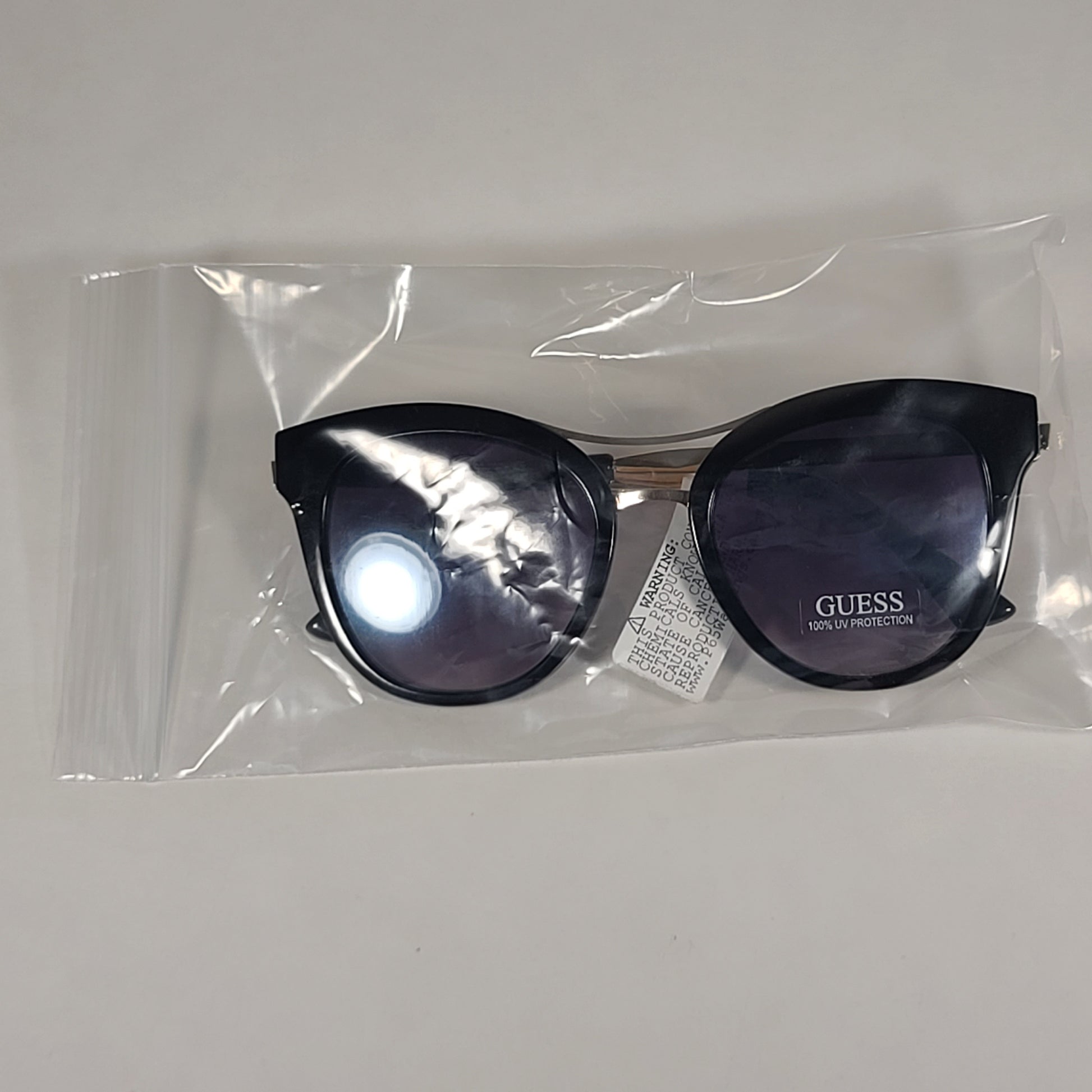 Guess Round Cat Eye Sunglasses GF0304 01C Shiny Black And Gold Frame Gray Smoke Lens - Sunglasses