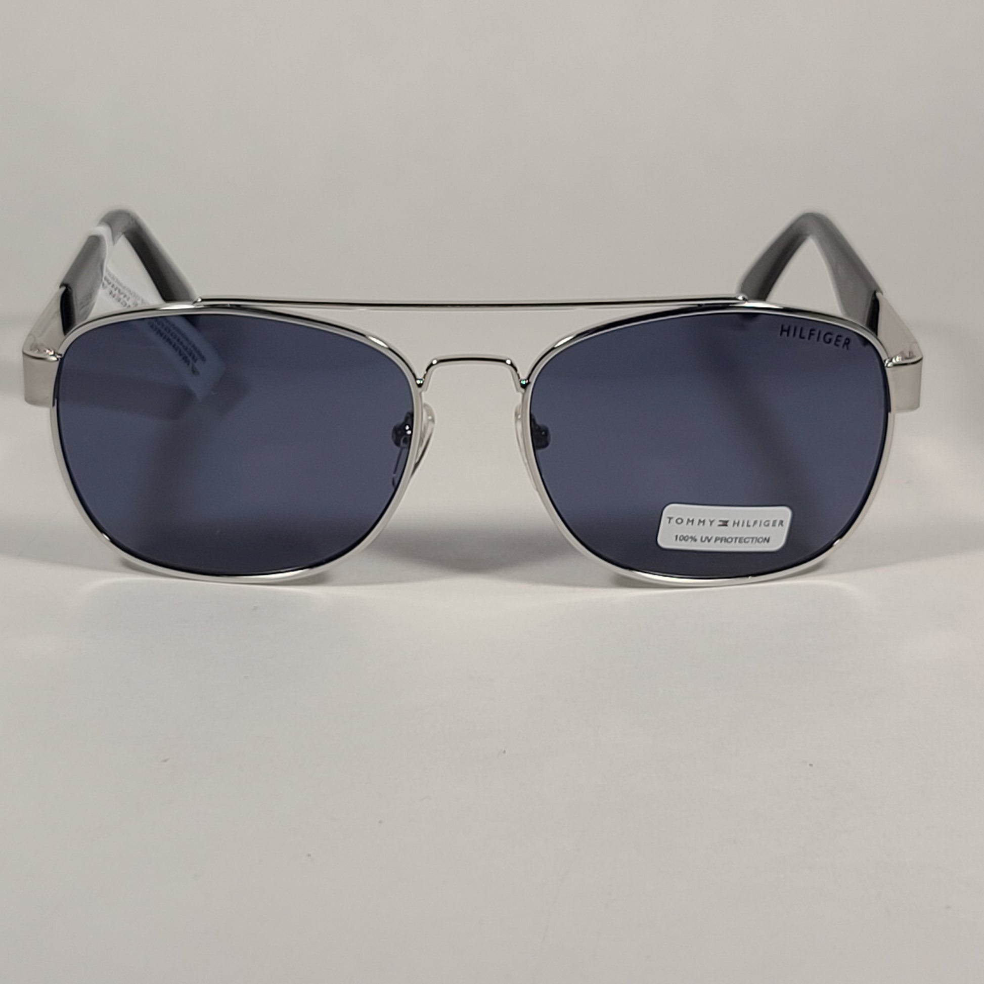 Tommy Hilfiger Brendan Rectangular Sunglasses Silver And Black Frame Blue Gray Lens BRENDAN MM OM435 - Sunglasses